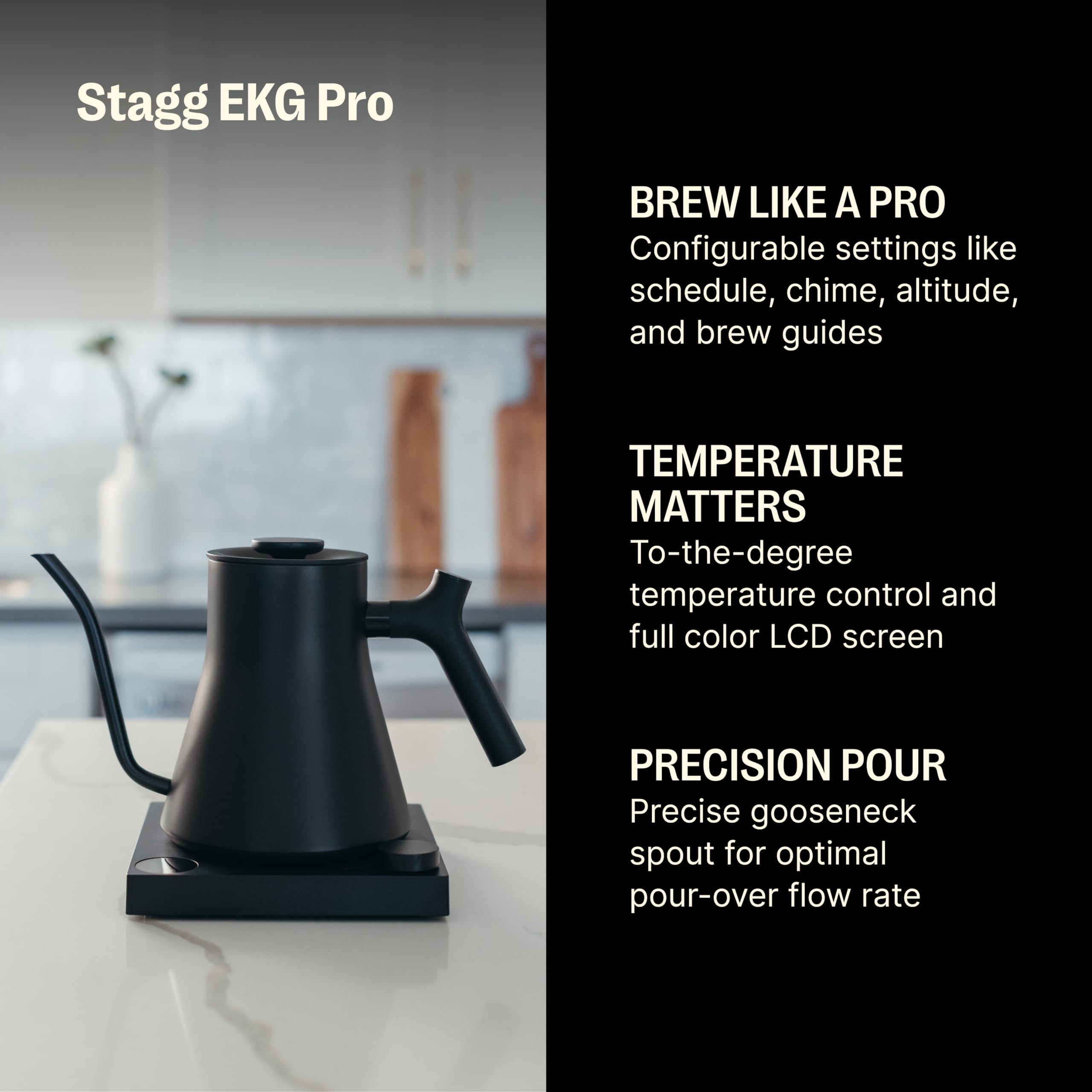 Fellow Stagg EKG Pro Electric Gooseneck Kettle - Pour-Over Coffee and Tea Pot  Stainless Steel  Quick Heating  Matte Black  0.9 Liter