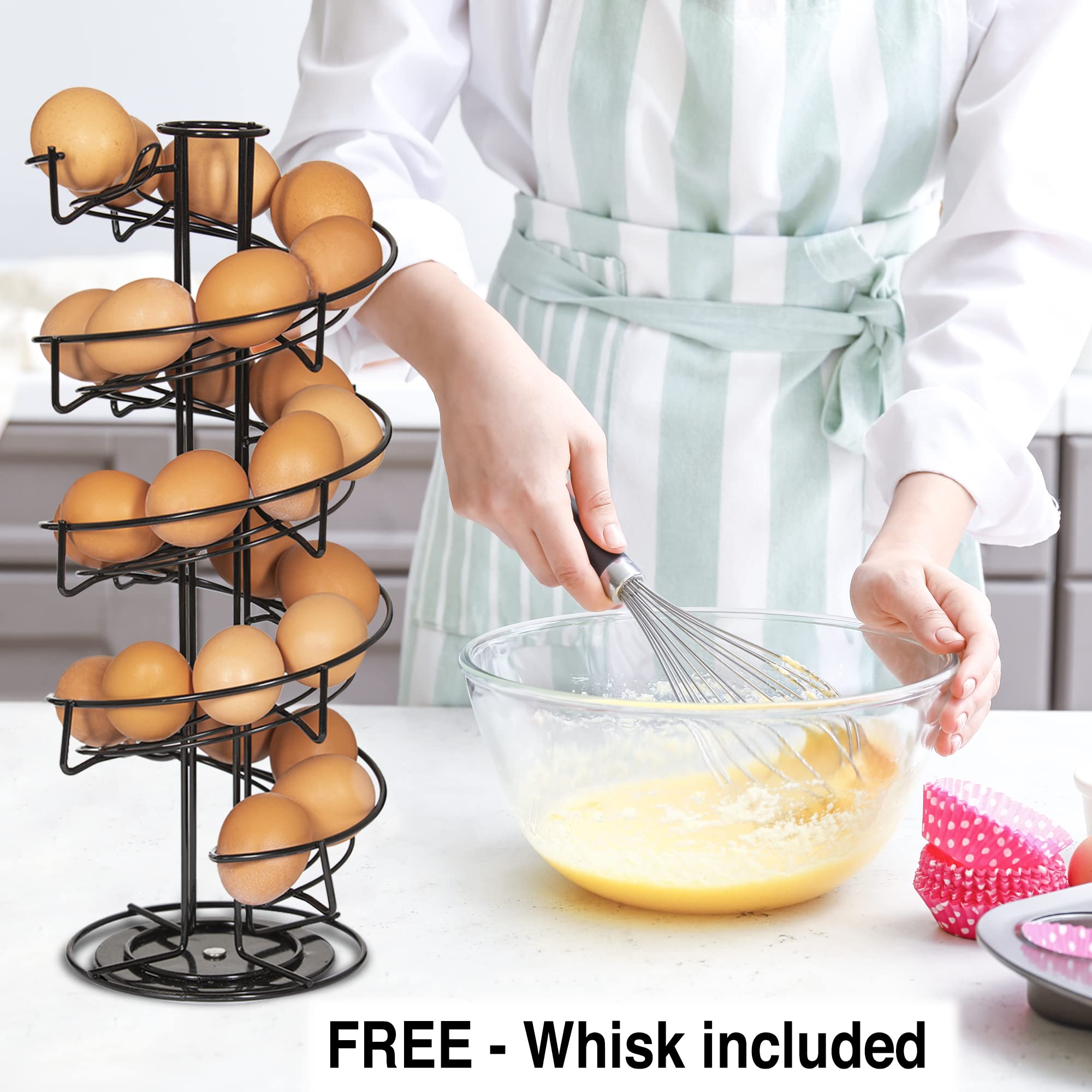Woodland Acres Rotating Spiral Egg Dispensing Rack, Egg Skelter, Countertop Egg Storage & Display. Includes Matching Egg Collect