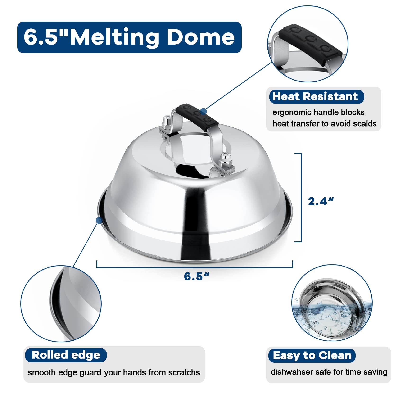 Leonyo 2 Pcs 6.5 Inch Heavy Duty Cheese Melting Dome - Stainless Steel Round Basting Steam Cover For Grilling Flat Top Cast Iron