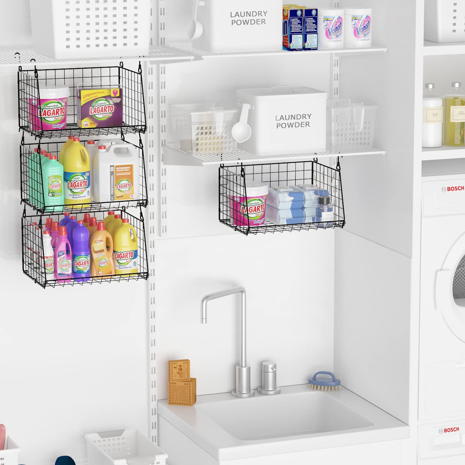 3-Tier Hanging Metal Laundry Basket:Foldable Laundry Room Organizer Wire Shelf Basket With 360Rotating Hooks Space Saving Over W