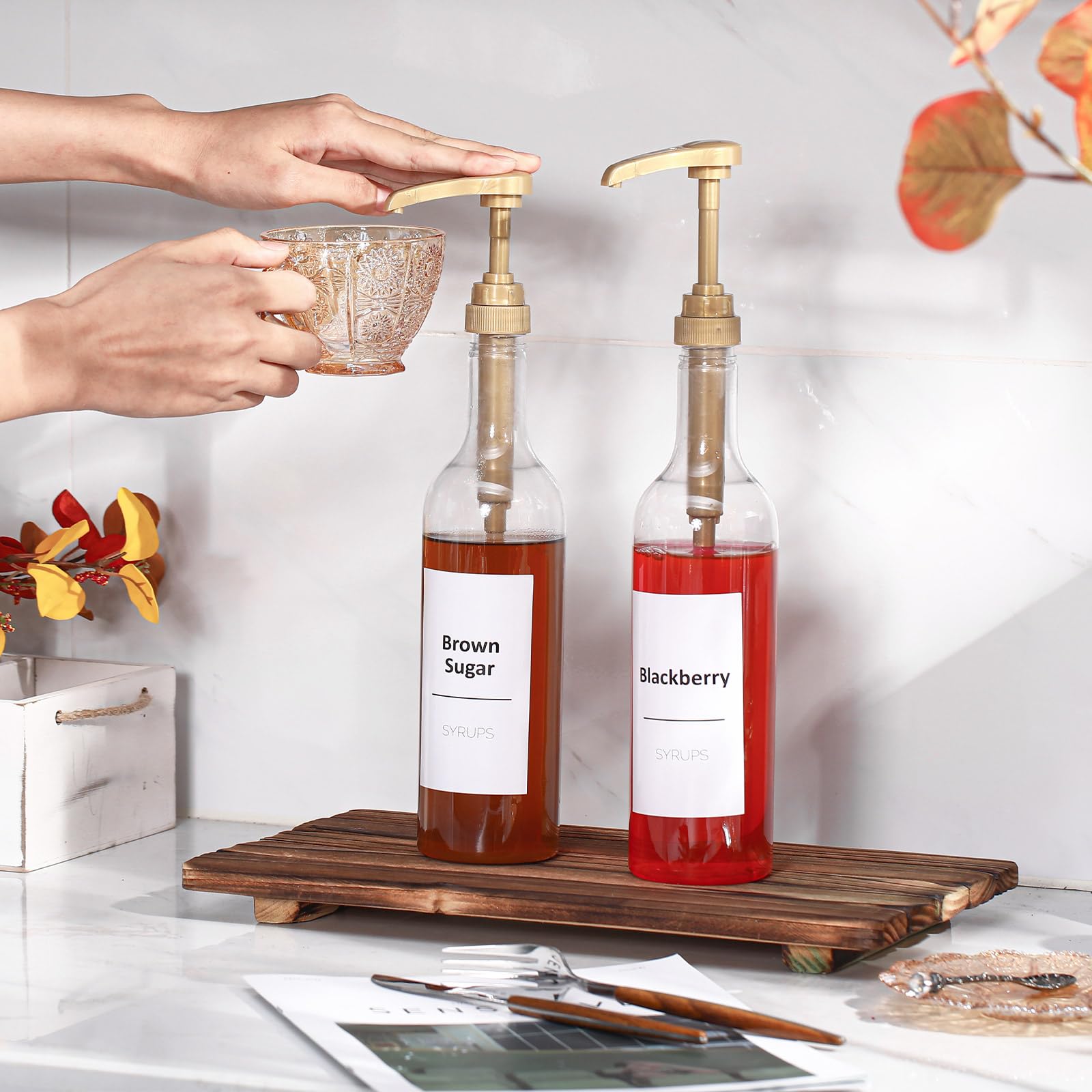 Bokon 4 Pcs Coffee Syrup Dispenser 25.4 Oz 750 Ml Coffee Syrup Gold Pump Bottles With Comprehensive Label Set And Funnel For Cof