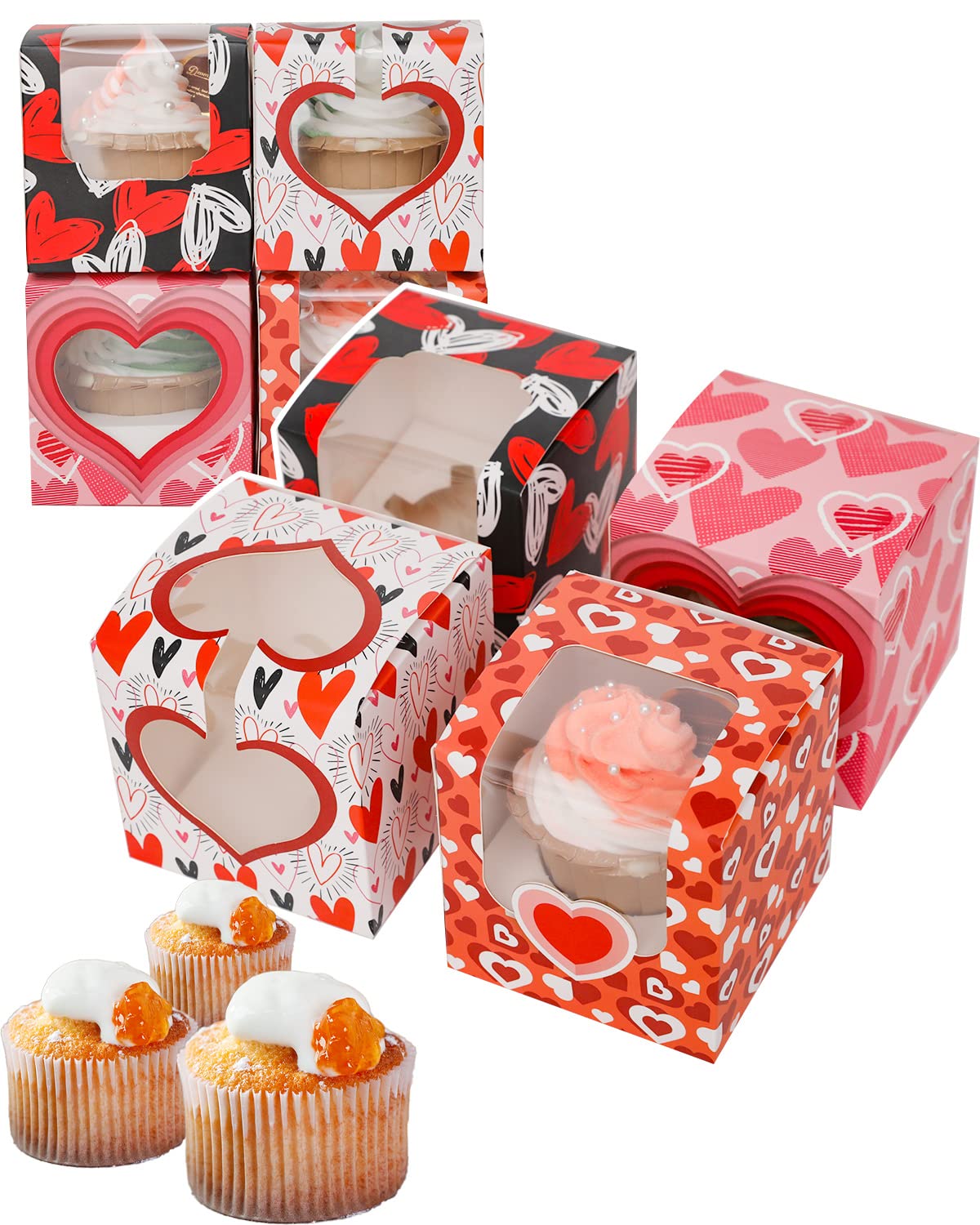 Qiqee Valentine Cupcake Boxes Individual 60Pcs Auto-Popup 3.5'' X 3.5'' X 3.5'' Single Cupcake Carrier Container For Vanlentine