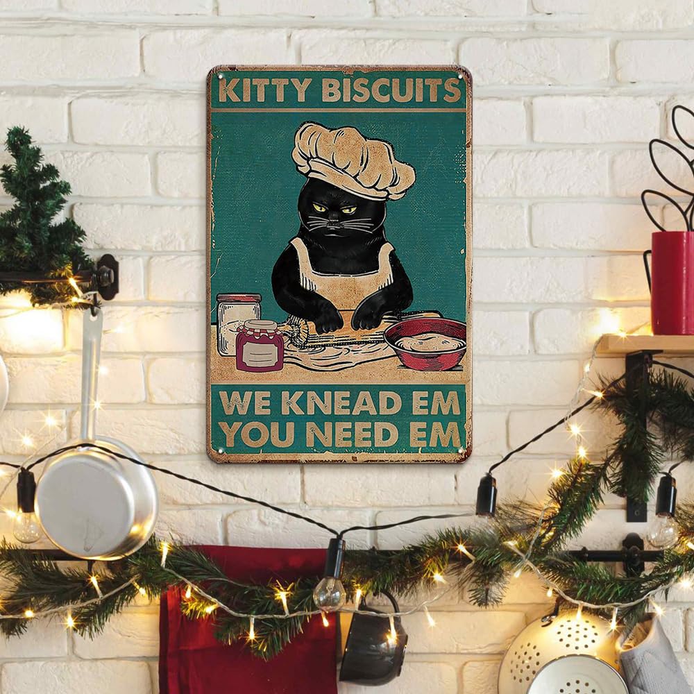 Black Cat Decor Vintage Kitchen Decor Cat Poster Metal Tin Sign - Kitty Biscuits We Knead Em You Need Em Funny Kitchen Signs - C