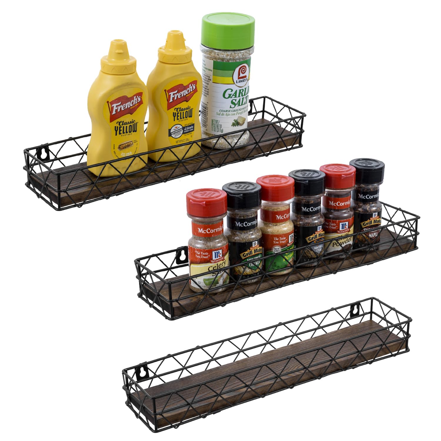 Mygift 14 Inch Wall Mounted Kitchen Spice Racks, Rustic Burnt Solid Wood And Black Metal Wire Geometric Hanging Organizers For S