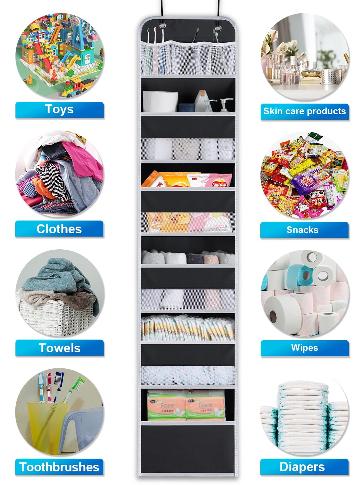 Wakaye 6-Shelf Over The Door Organizer - Hanging Storage With 8 Large Capacity Pockets For Pantry, Nursery, Bathroom, Bedroom, K