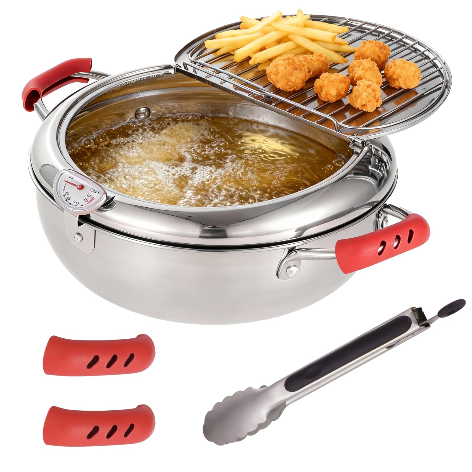 Deep Fryer Pot with Tongs, Stainless Steel Japanese Fryer with Temperature Control and Oil Drip Drainer Rack, Japanese Tempura P