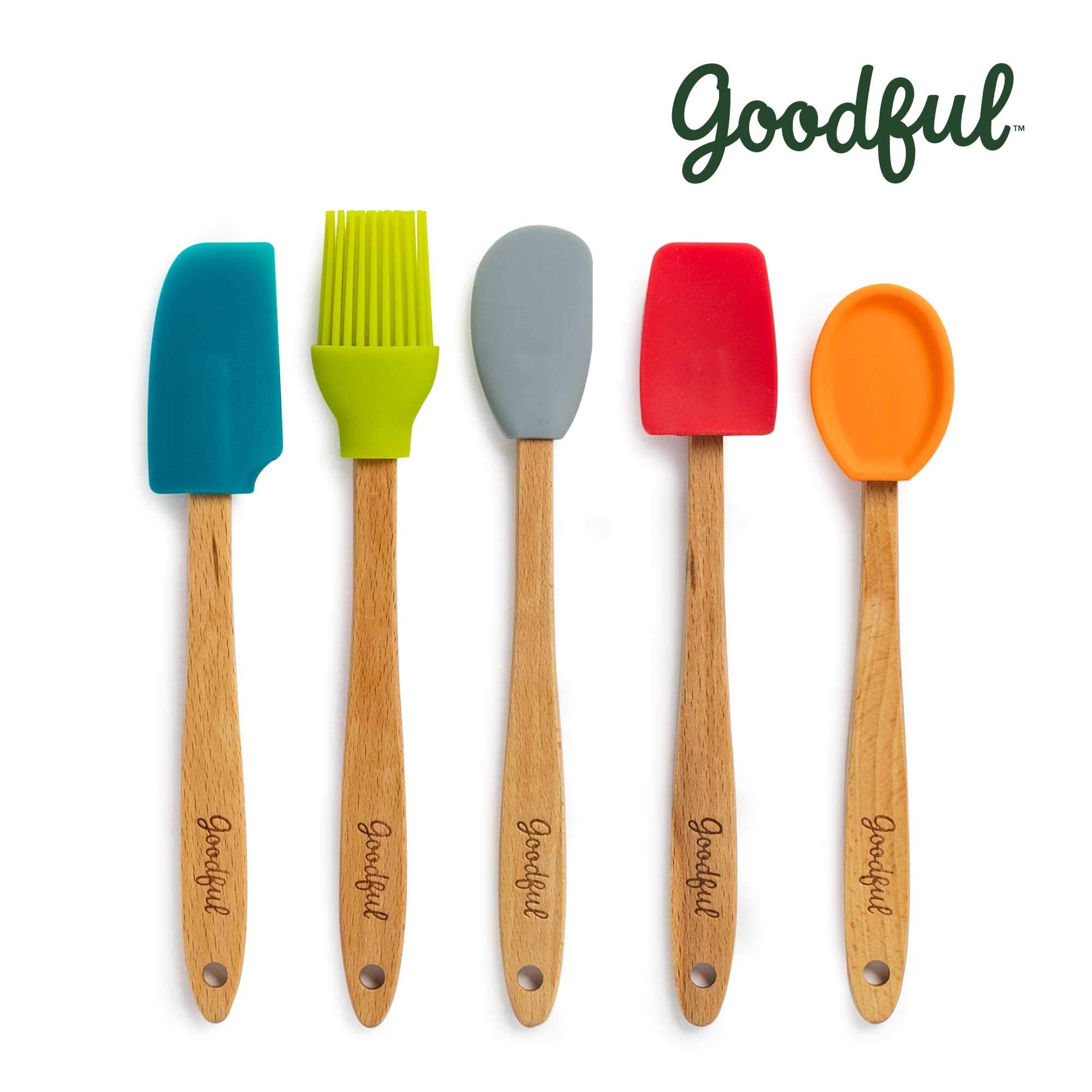 Goodful Silicone And Beechwood Mini Kitchen Utensil Set, Great For Cooking, Baking Or Reaching Into Small Jars, Easy To Clean, S