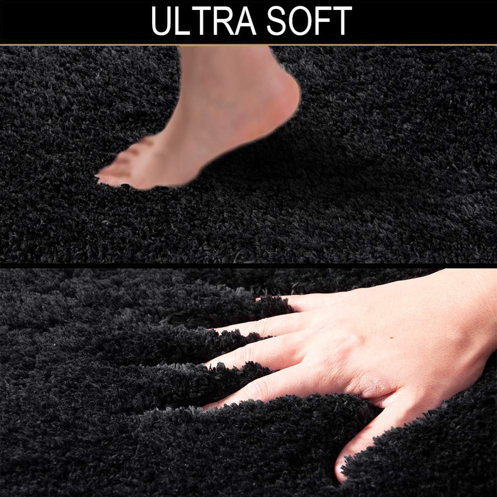 Walensee Shaggy 2 Piece Bath Rug Sets (Black) 20 X 24 U Shape Contour Rug & 20 X 32 Bathroom Rug Machine Wash/Dry Bath Mats For