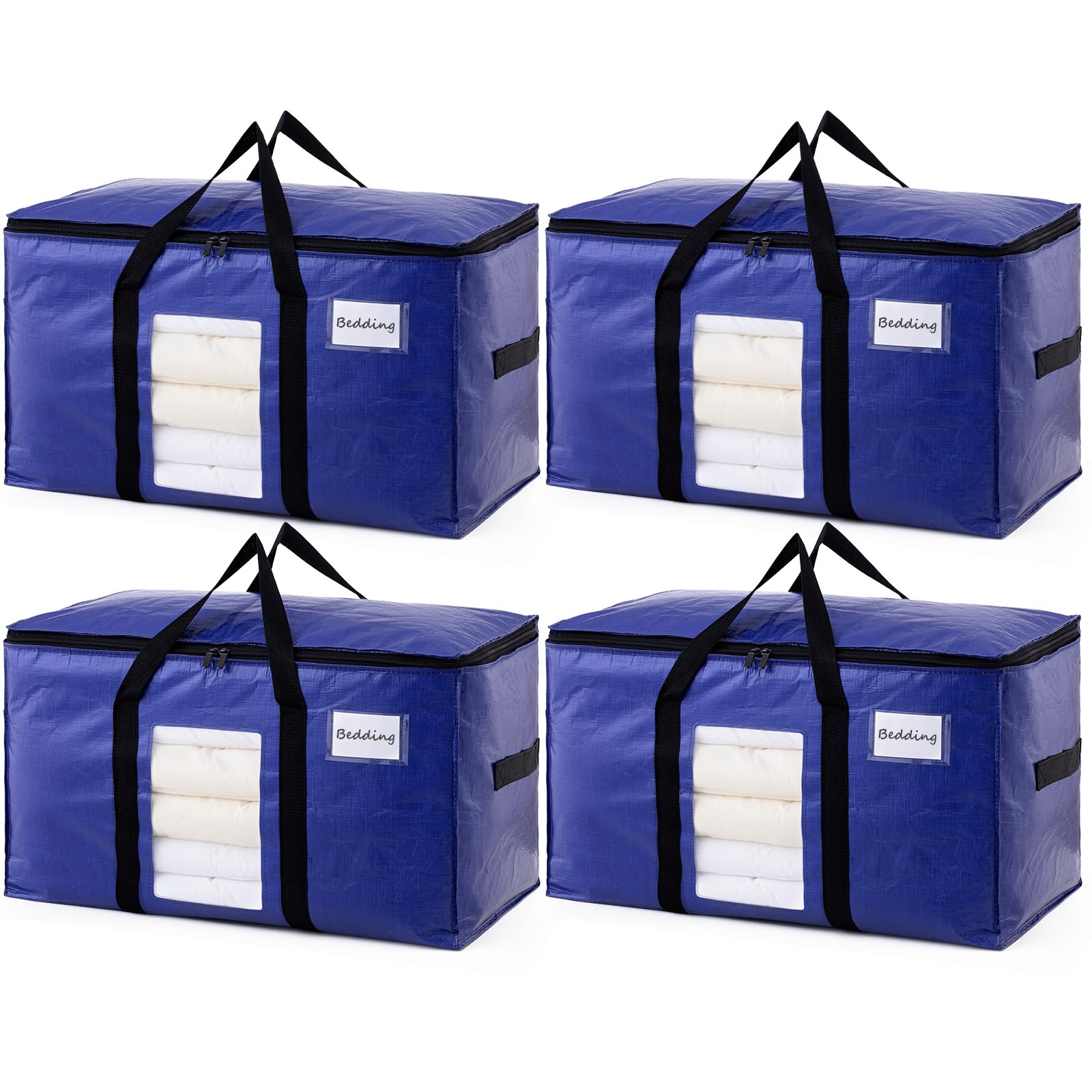 TAILI 4 Pack Dark Blue Extra Large Moving Bags, Heavy Duty Totes with Visible Window, Wrap Around Handles, Great for Storage