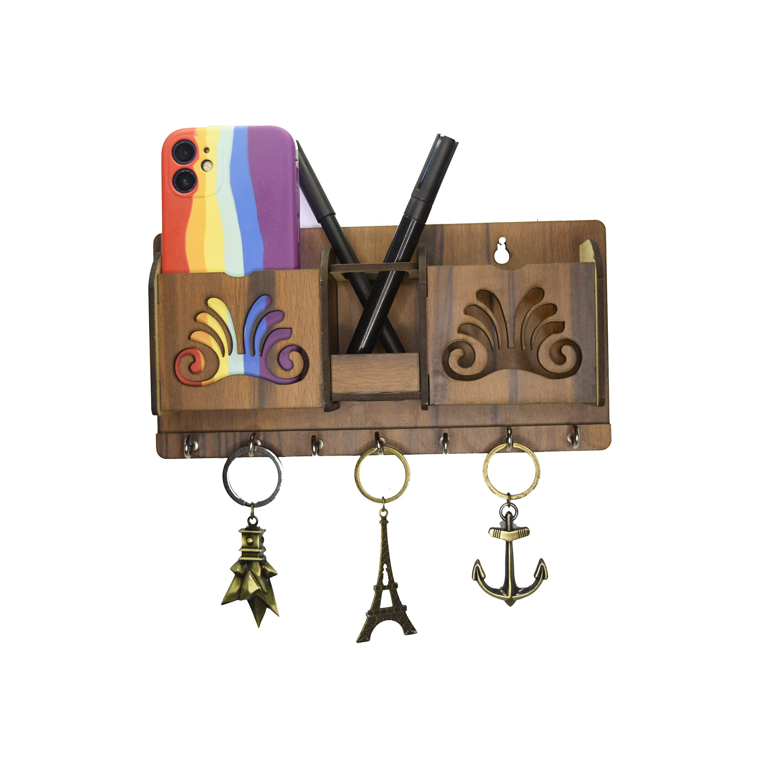 Beautiful Wall Key Chain Holder | Stylish Wooden Key Stand and Mobile Holder | Key Hanger With 7 Hooks for Home