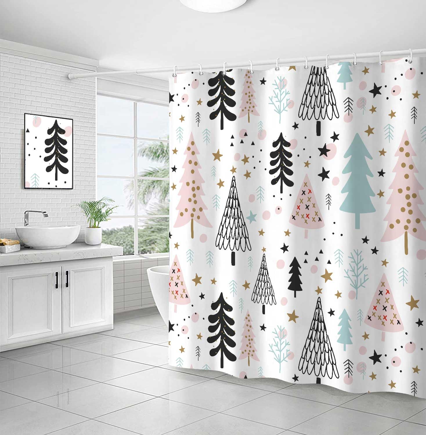 Hjokiupt Merry Christmas Shower Curtain, Winter Fashion Xmas Tree New Year Holiday Home Decor Bath Curtains, Farmhouse Forest Sn