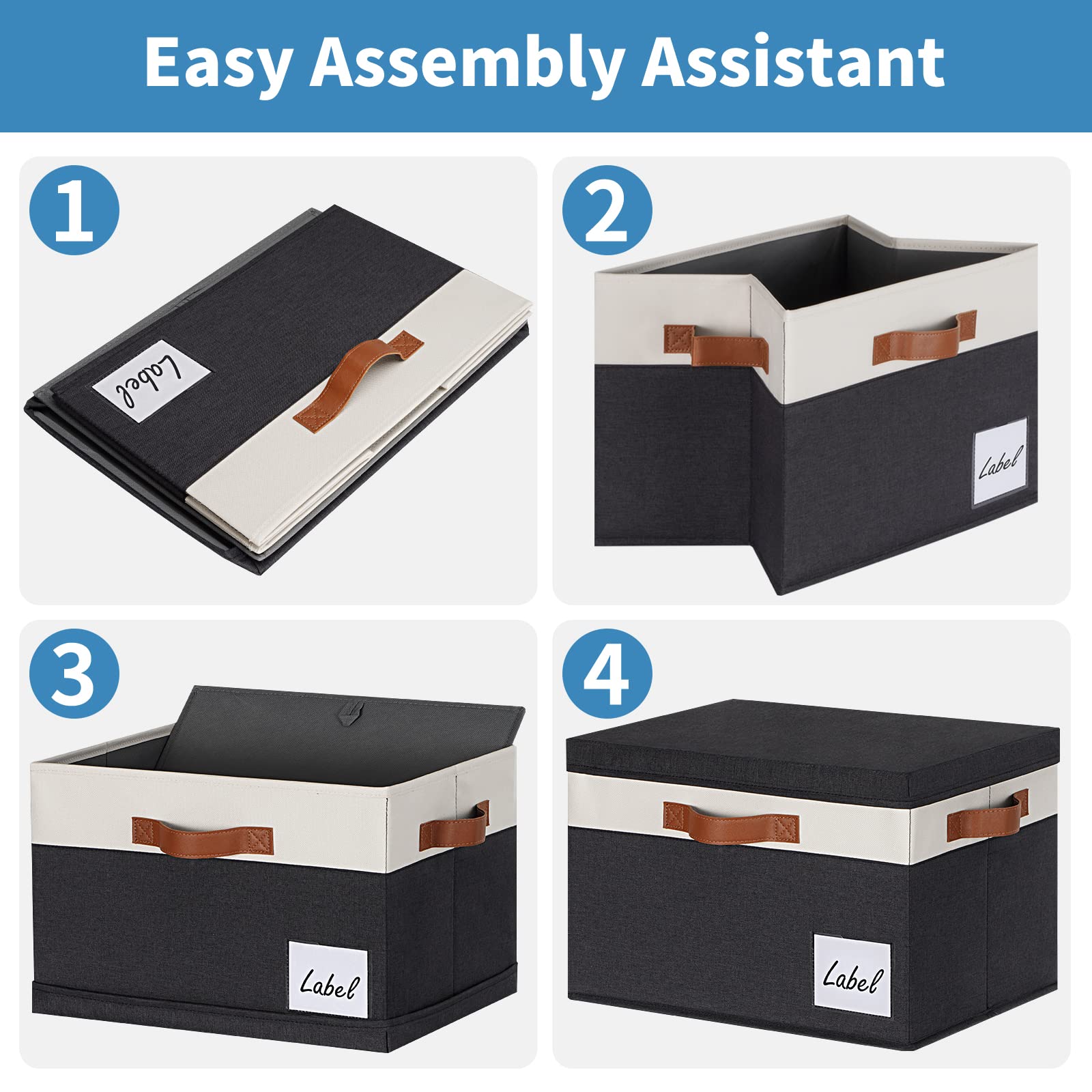 GhvyenntteS Large Storage Bins with Lids (3-Pack) Large Closet Storage Bins with Lid and 3 PU Handles  Foldable Fabric Storage Boxes with Label Window for Home Bedroom Office (Black  15'' x 11'' x 9.7'')