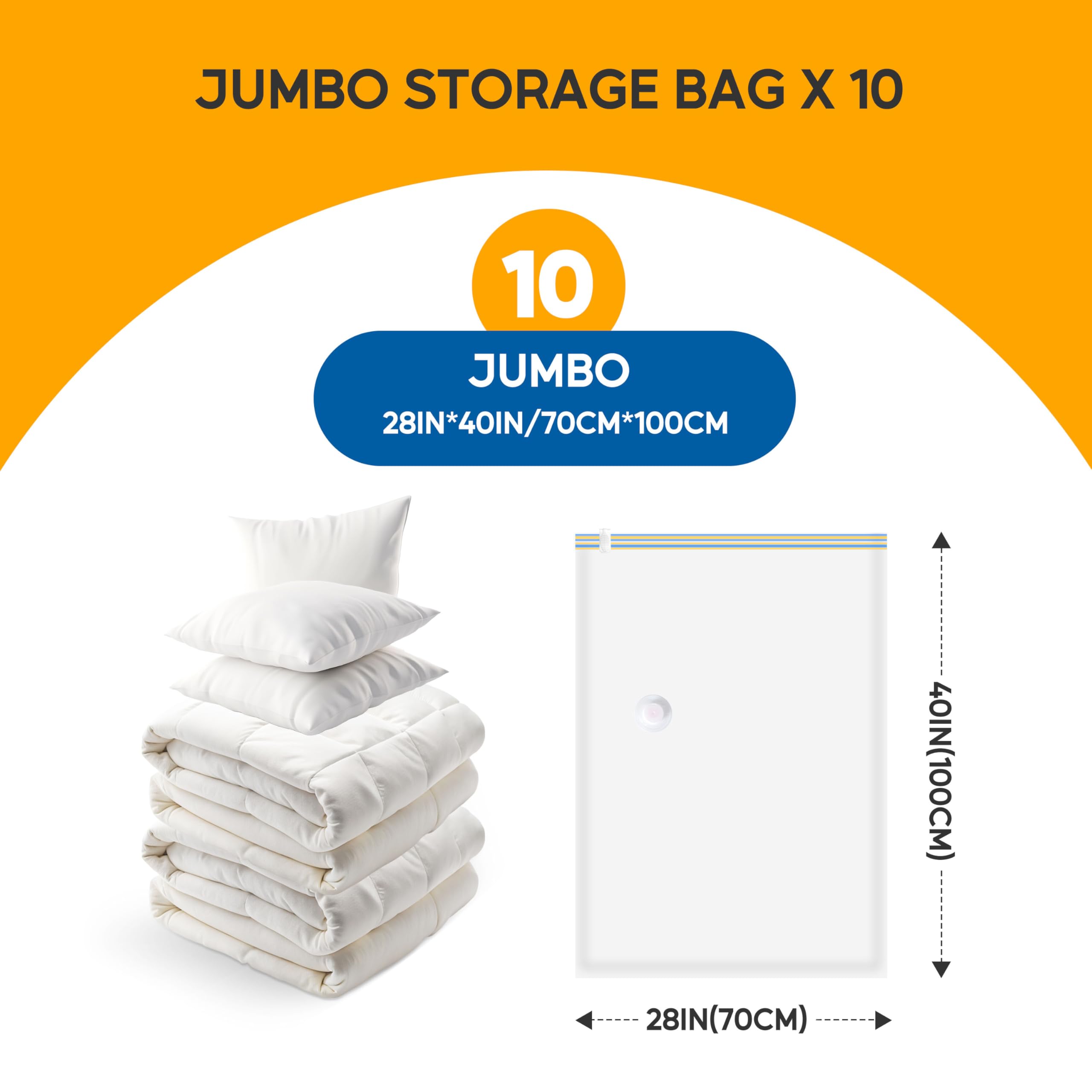 10 Jumbo Vacuum Seal Bags with Hand Pump, Vacuum Storage Bags, Space Saver Bags for Clothing, Comforters, Blankets, Bedding, Pil