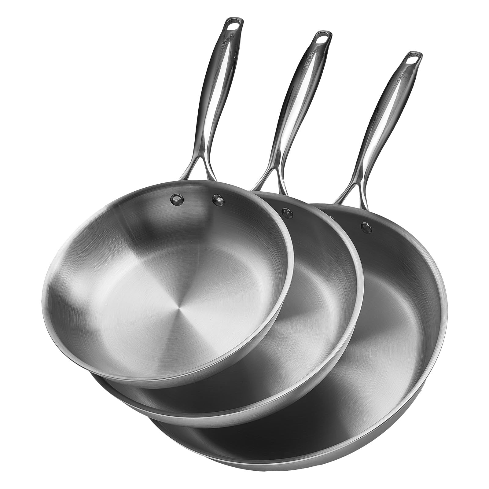 VEVOR Tri-Ply Stainless Steel Frying Pan, 3 Pcs Set (8, 10, 12 in), Cooking Skillet with Heat-Resistant Handle, Chefs Kitchen C