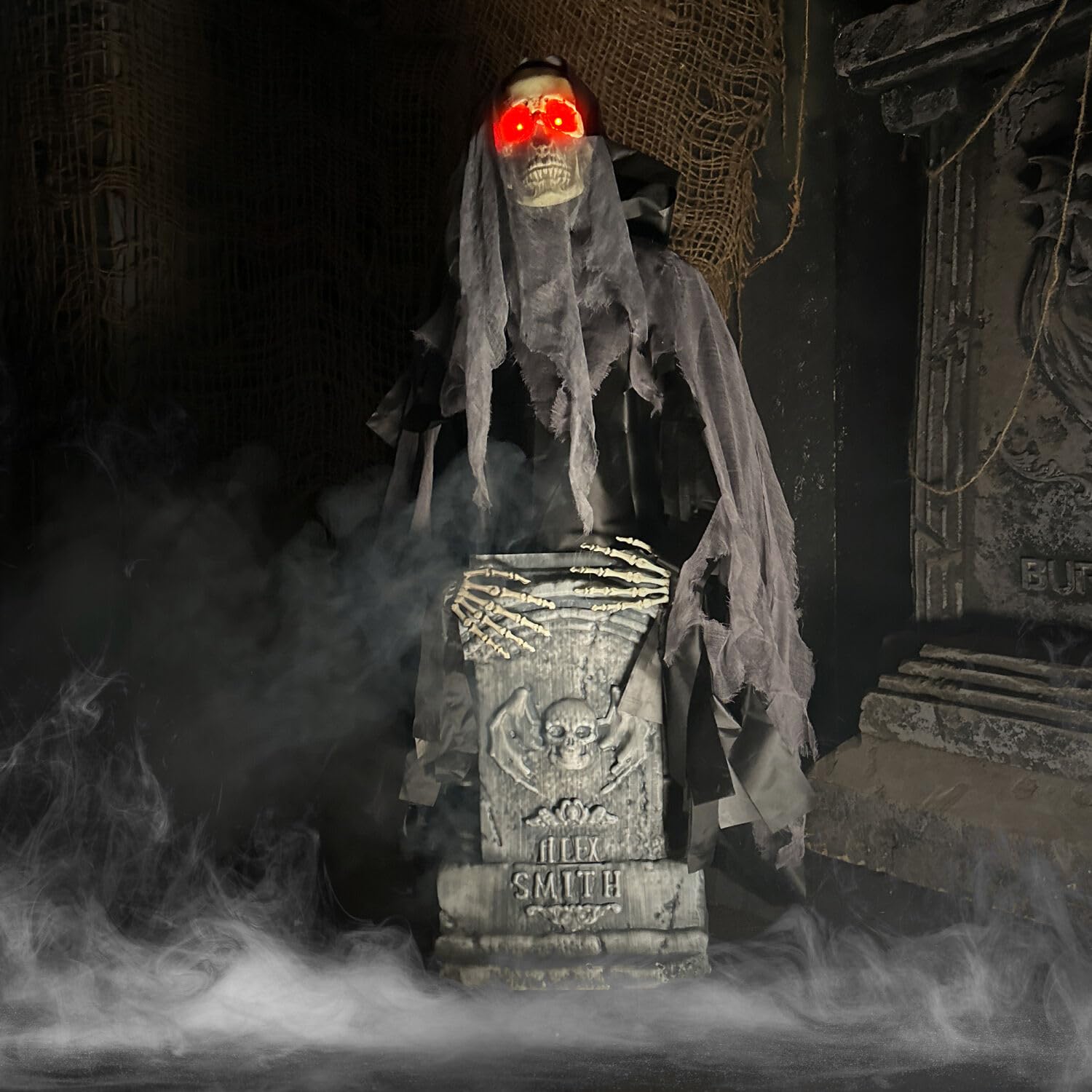 Haunted Hill Farm 3-Ft Rising Reaper with Tombstone, Halloween Accessory, Creepy Horror Movie Skeleton Prop, Spooky Occult Skull