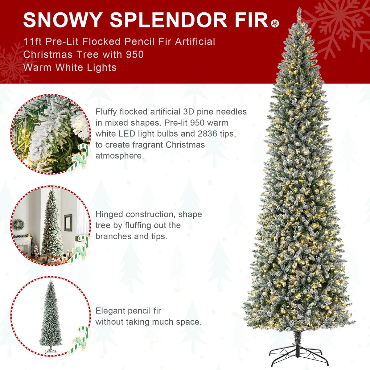 Glitzhome 11ft Prelit Artificial Christmas Tree, Snowy Splendor Fir Hinged Pencil Christmas Tree Holiday Decoration with 950 War