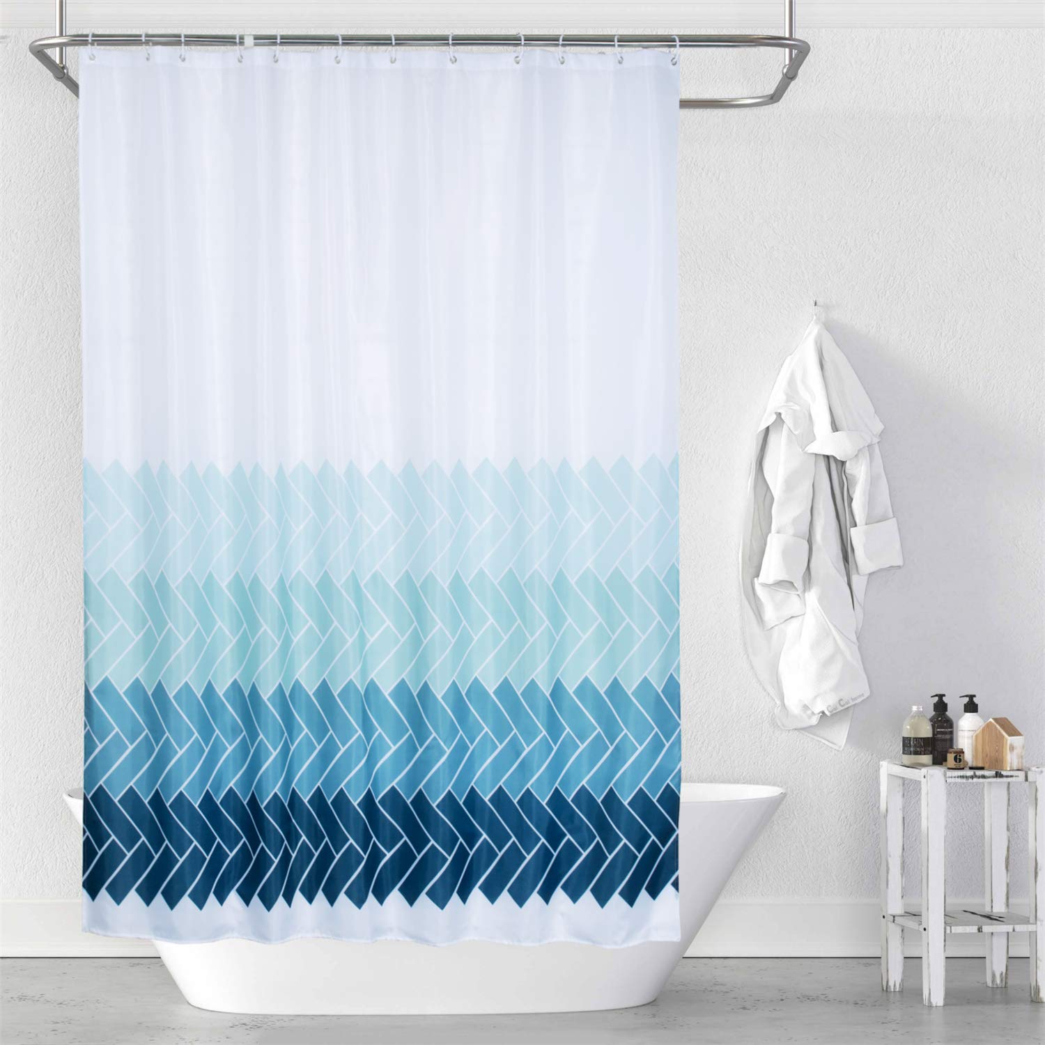 Mornite Stall Fabric Shower Curtains Bathroom, Waterproof Washable Polyester Set 6 Hooks Rings,Teal Light Blue Ombre White, Narr