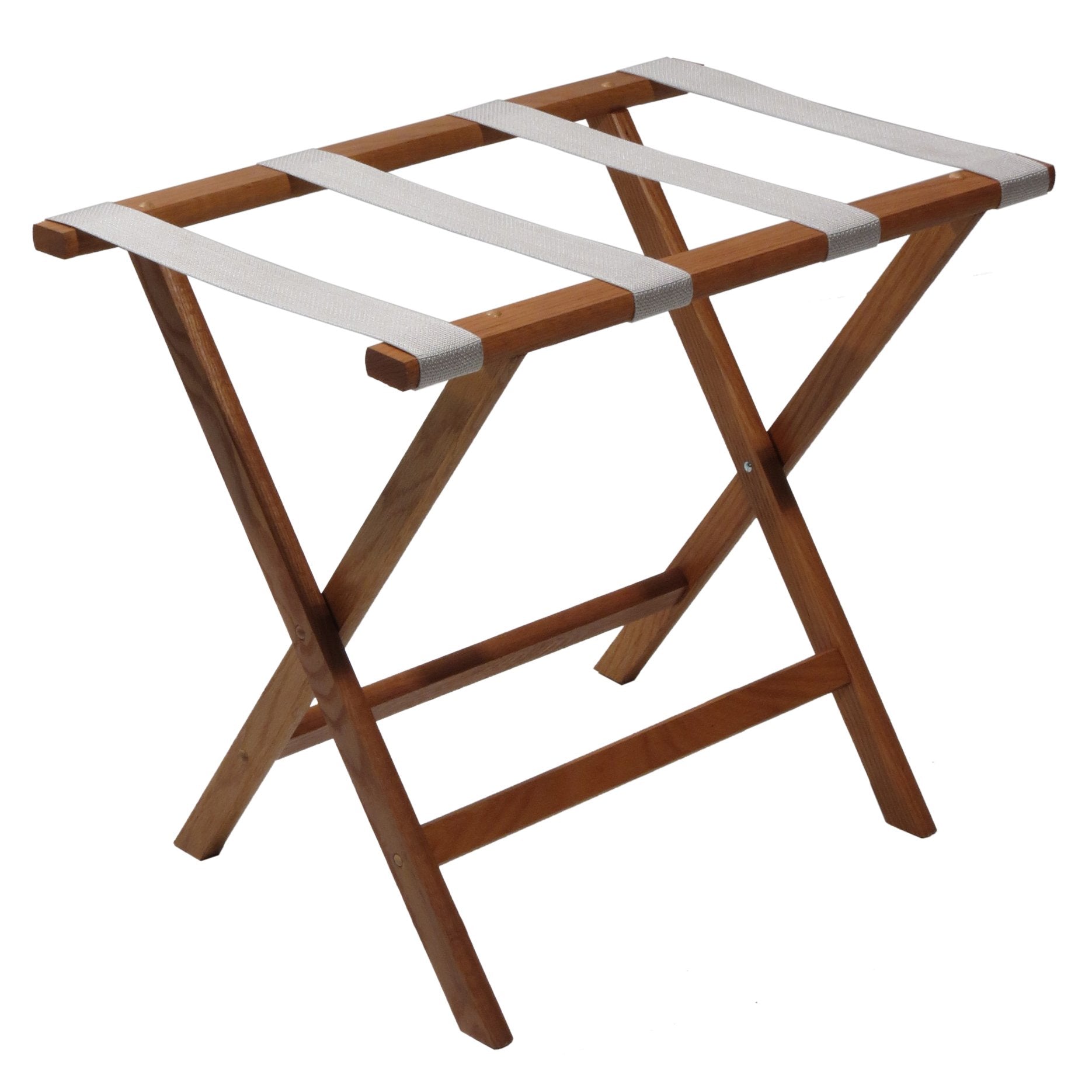 Wooden Mallet Deluxe Straight Leg Luggage Rack,Silver Straps, 20'' H X 23.75'' W X 15.5'' D, Medium Oak