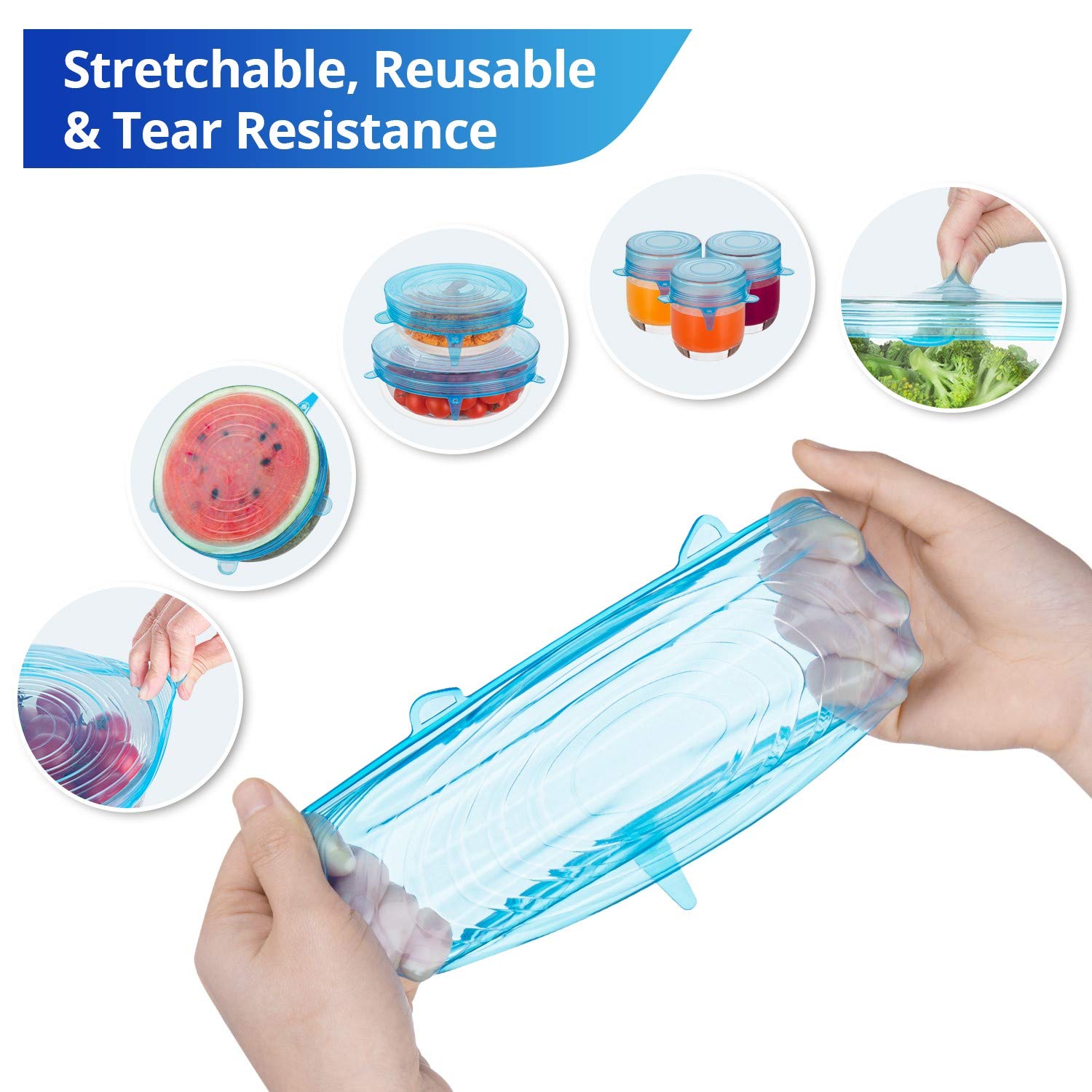 Silicone Stretch Lids, Zero Waste Reusable Silicon Container Lid Covers For Leftover Food Fruit Bowls Pots Cups Jars Dishes (6Pc