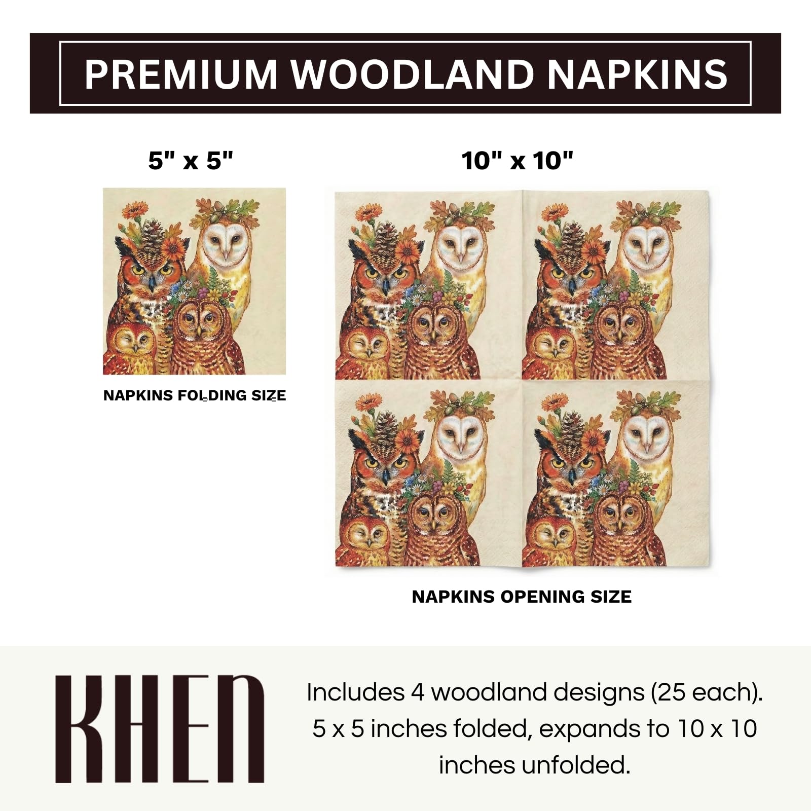 Khen Woodland Napkins, 100 Pack 4 Designs, 5" x 5" Folded Beige Square Disposable