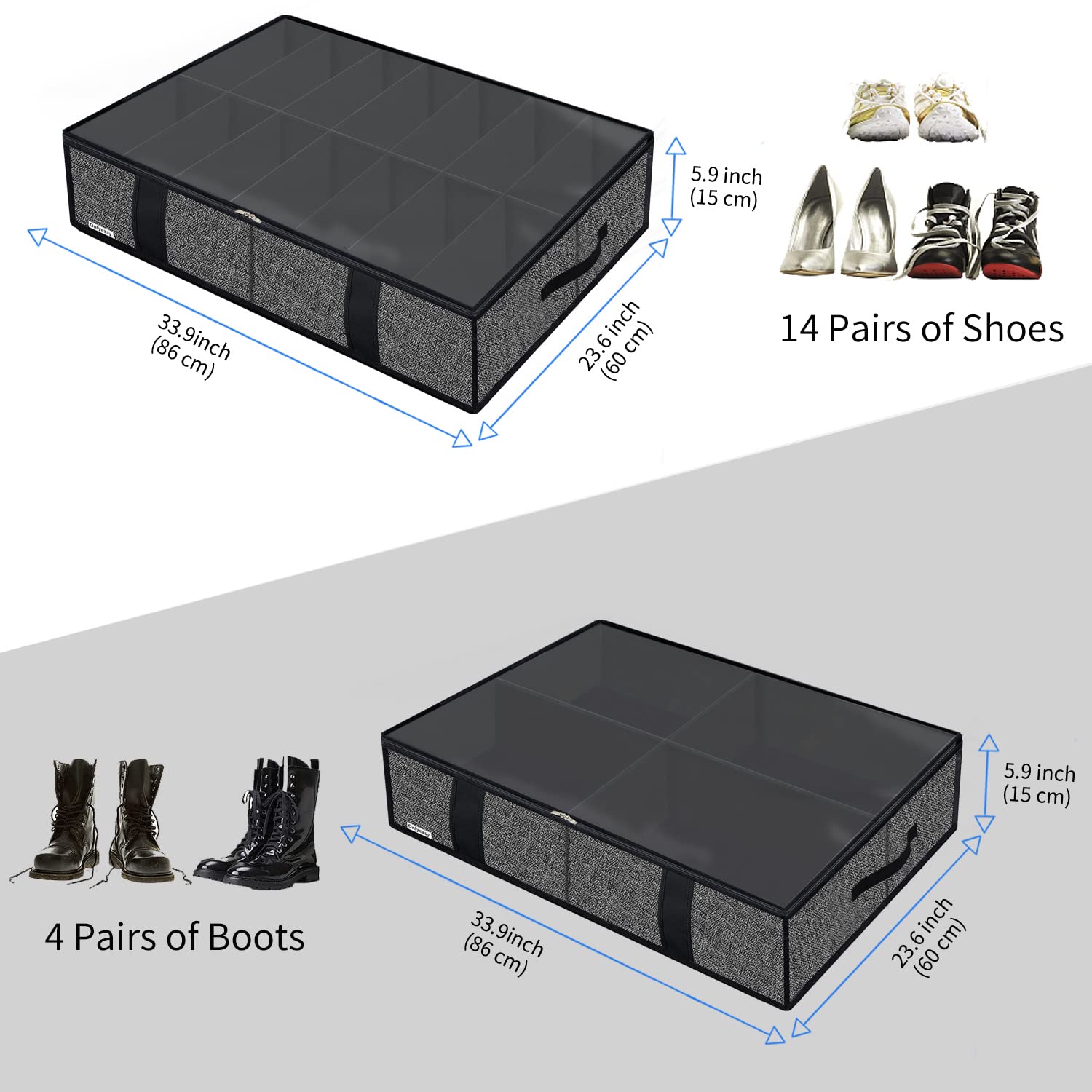 Onlyeasy 2 Pack Under Bed Shoes Storage Bag Organizer (14+4 Pairs), Collapsible Shoe Boot Container with Handles, Underbed Stora