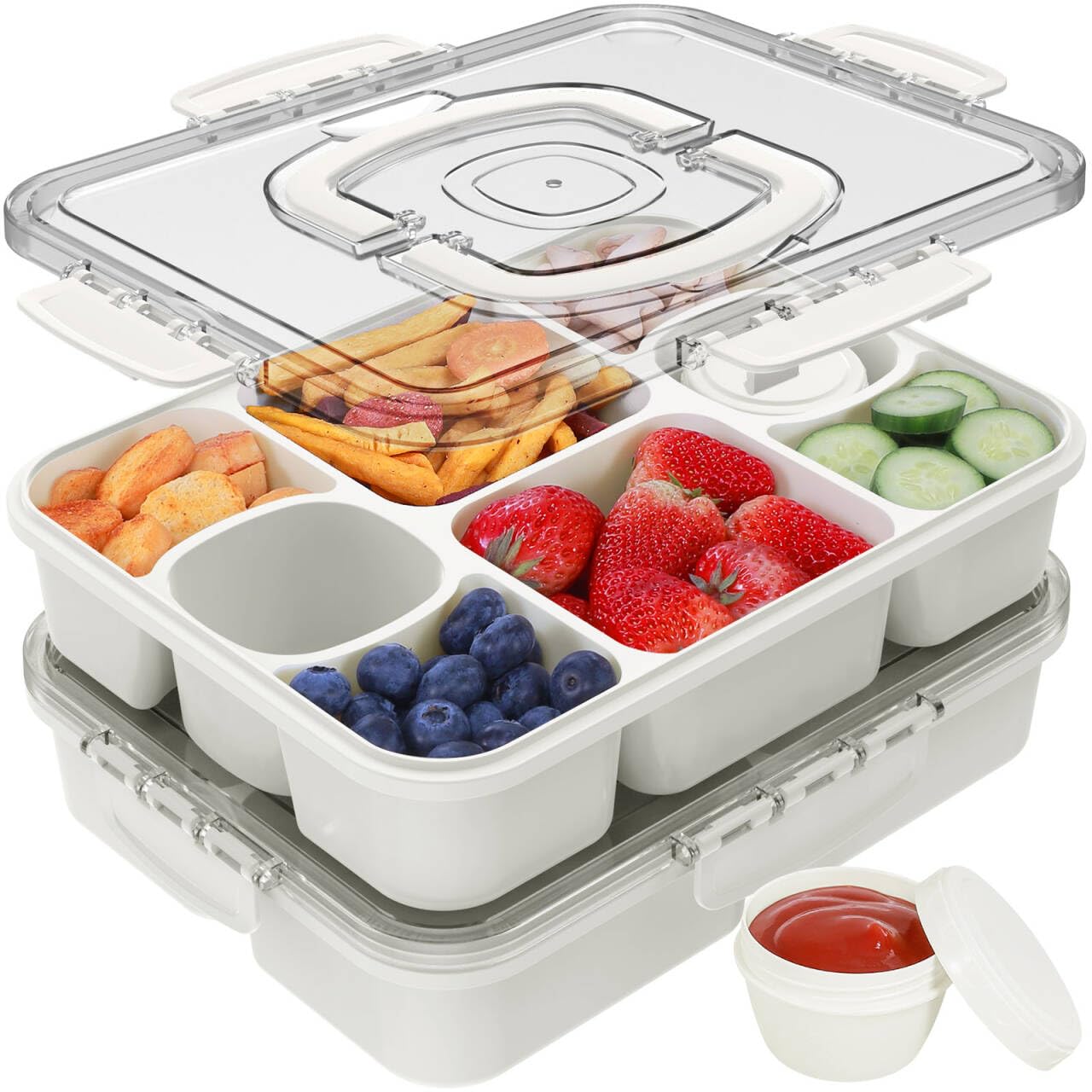 Caperci 2PC Snackle Box Container With 2 Sauce Cup & Handle 8 Compartment