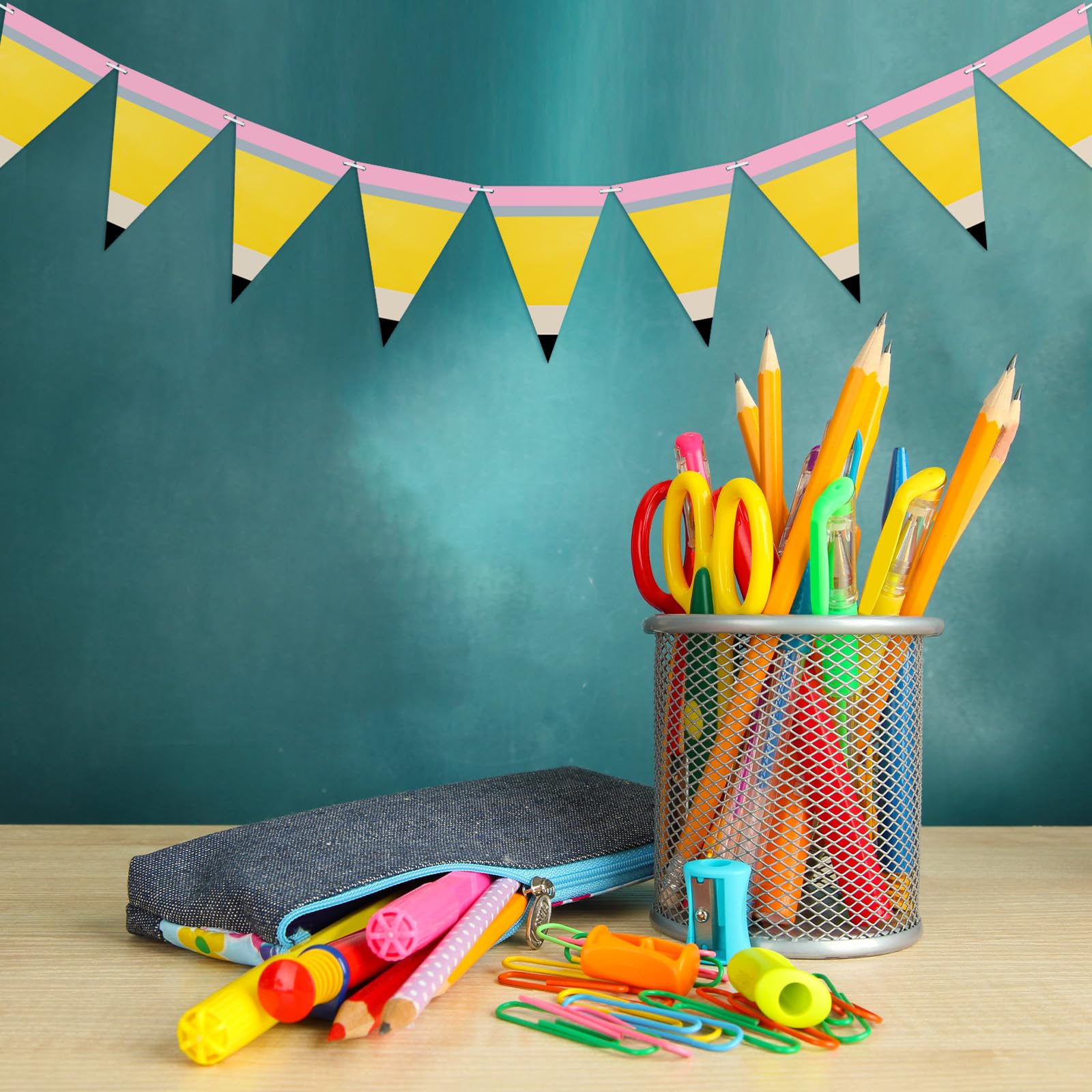 Weekgrat 5 Pcs Pencil Shaped Paper Pennant Banners Back to School Classroom Decorations Triangle Flags with Double Sided Printin