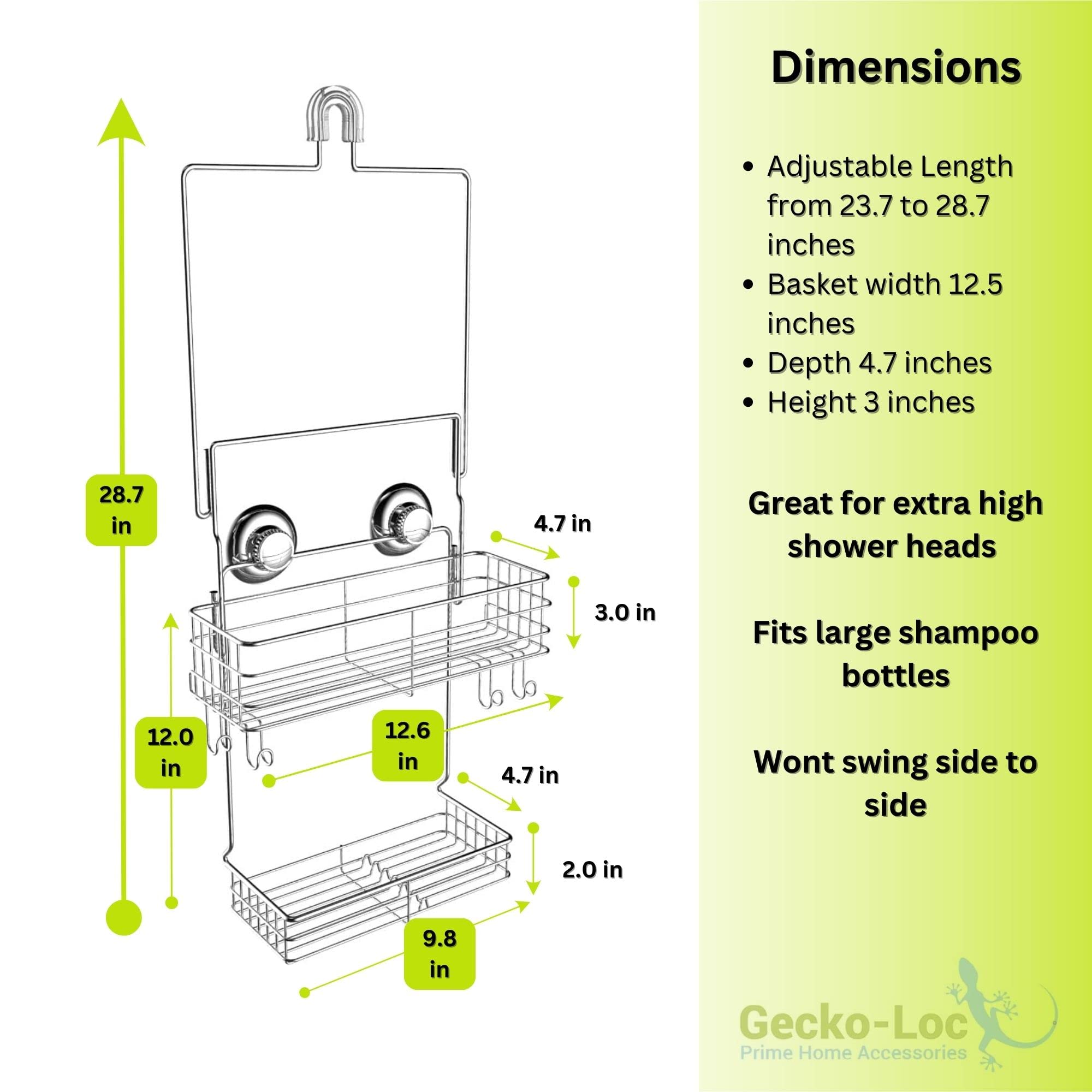 Gecko-Loc Extra Long Wide Adjustable Length Over The Showerhead Hanging Shower Caddy Organizer - Stainless Steel Bathroom Caddie
