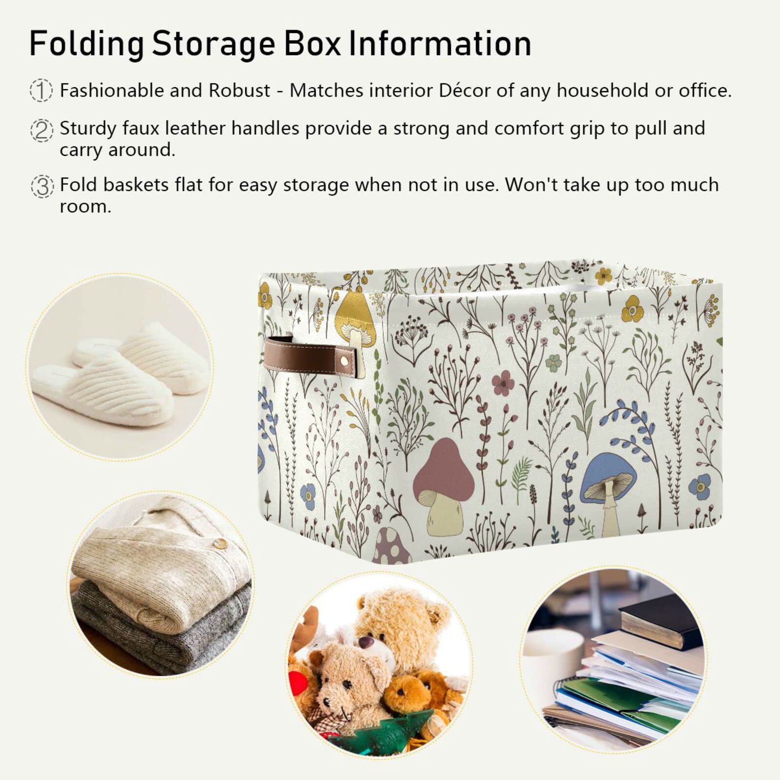 Kigai Mushroom Storage Basket Collapsible Rectangle Storage Bin Shelves Basket Organizer With Leather Handle For Closet, Office,