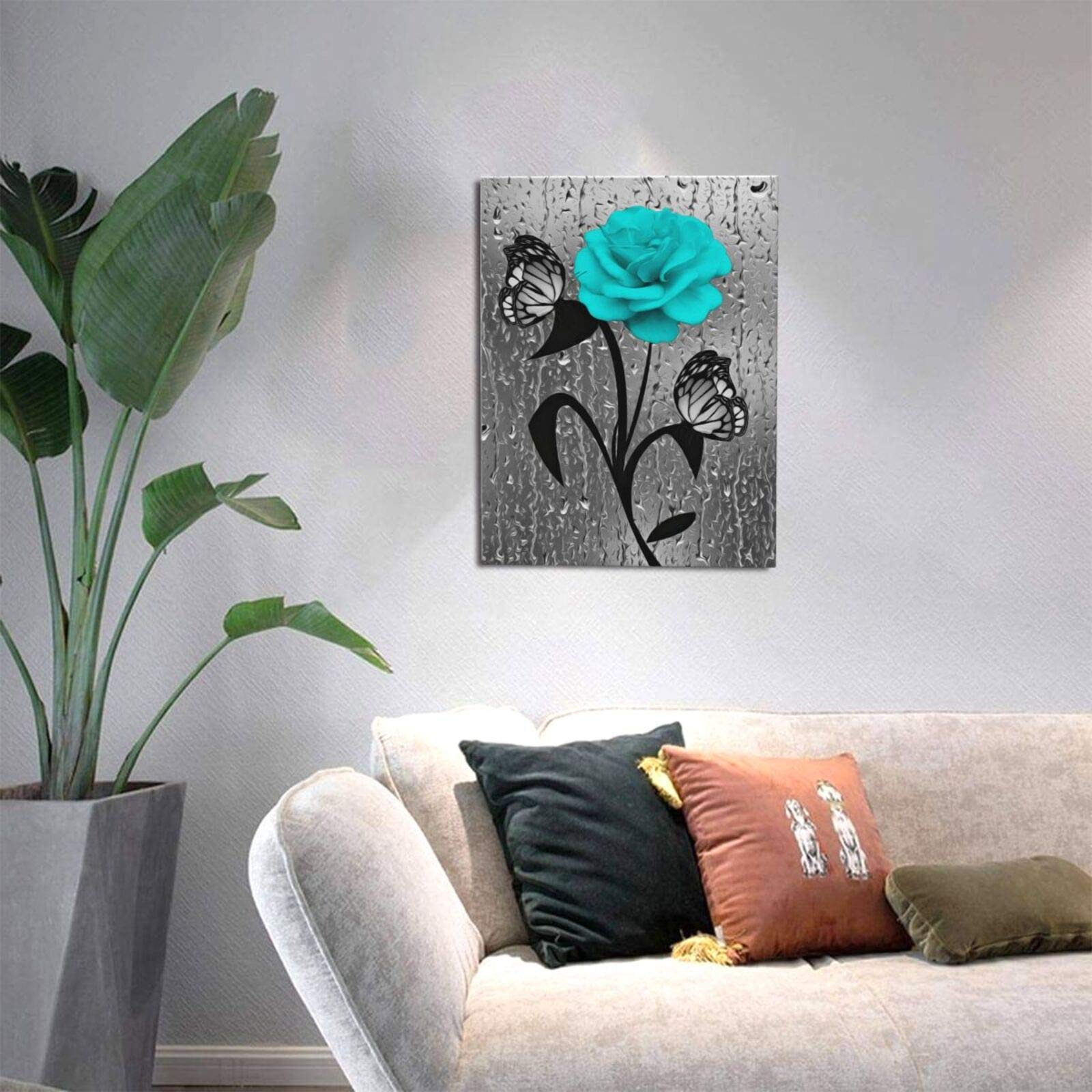 Farmhouse Bathroom Decor Canvas Wall Art Teal Blue Roses Butterfly Picture Wall Decor Black And White Grey Bath Painting Print A