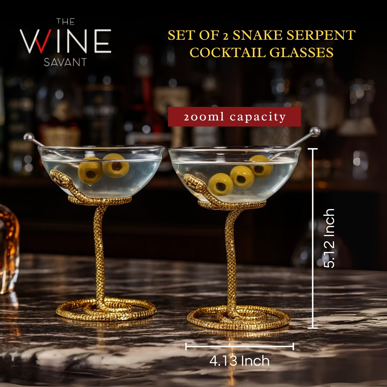 Snake Serpent Cocktail Glasses - 2 Set Gold Design Unique Reptile Inspired Barware