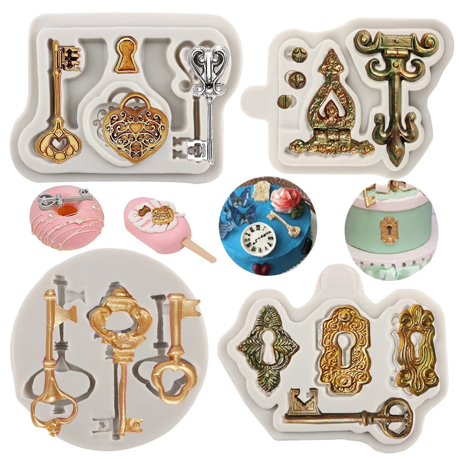 Sijiangmold Vintage Key Cake Fondant Molds Lock Silicone Mold For Cake Decoration Cupcake Topper Polymer Clay Chocolate Candy Gu