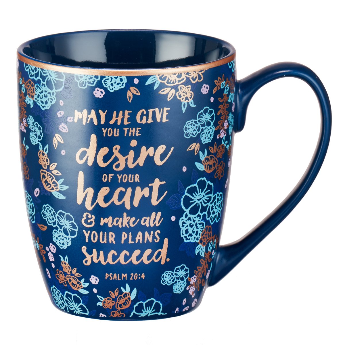 Christian Art Gifts Blue Bible Verse Mug - Floral Faith Mug For Women & Men, Ceramic Coffee Mug W/Gold Trim & Psalm 20:4 Calligr