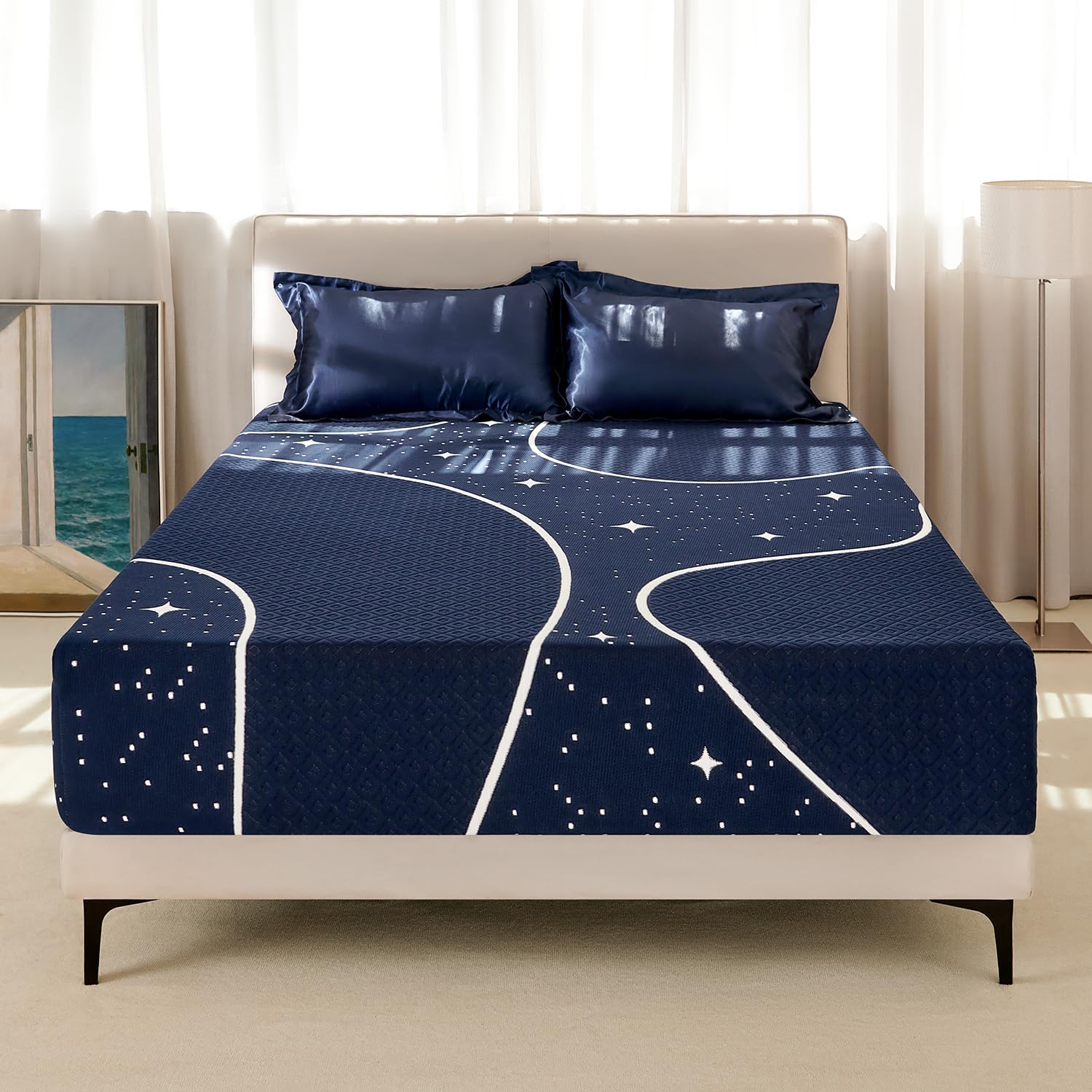 Sweetnight King Mattress  14 Inch Hybrid King Size Mattress in a Box  Gel Memory Foam and Individual Pocket Spring for Cooling Sleep & Motion Isolation  Starry Night  Blue