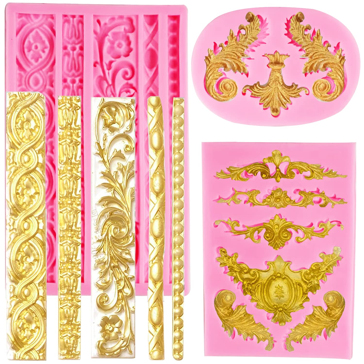 Silicone Fondant Molds, Aimeiki 3 Pack 3D Baroque Fondant Molds Scroll Border Lace Silicone Molds Curlicues Gum Paste Candy Choc