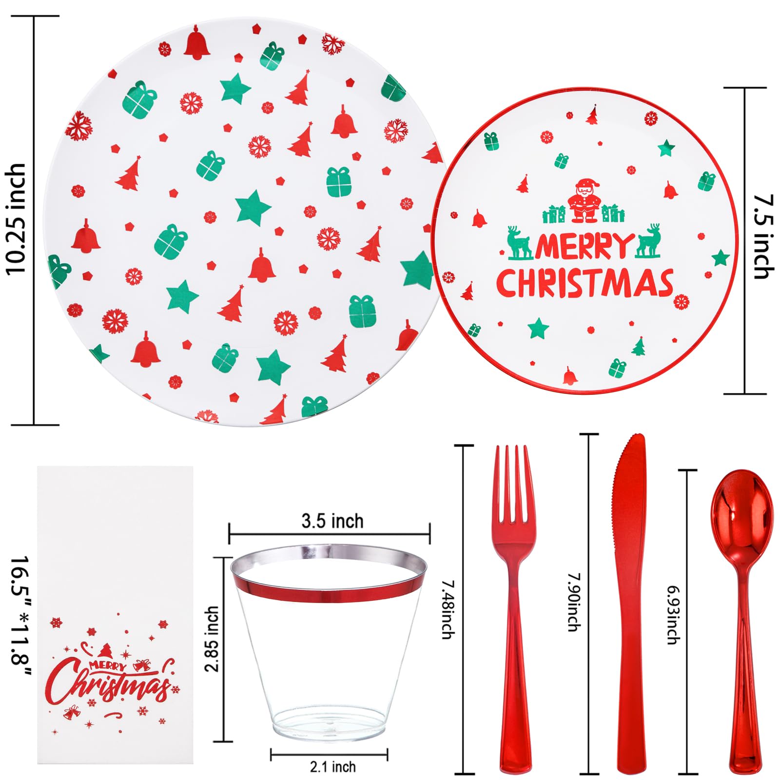 Sut 175 Pcs Christmas Plastic Plates, Christmas Party Plates And Cups And Napkins Sets For 25 Guests,Red Christmas Plates Dispos