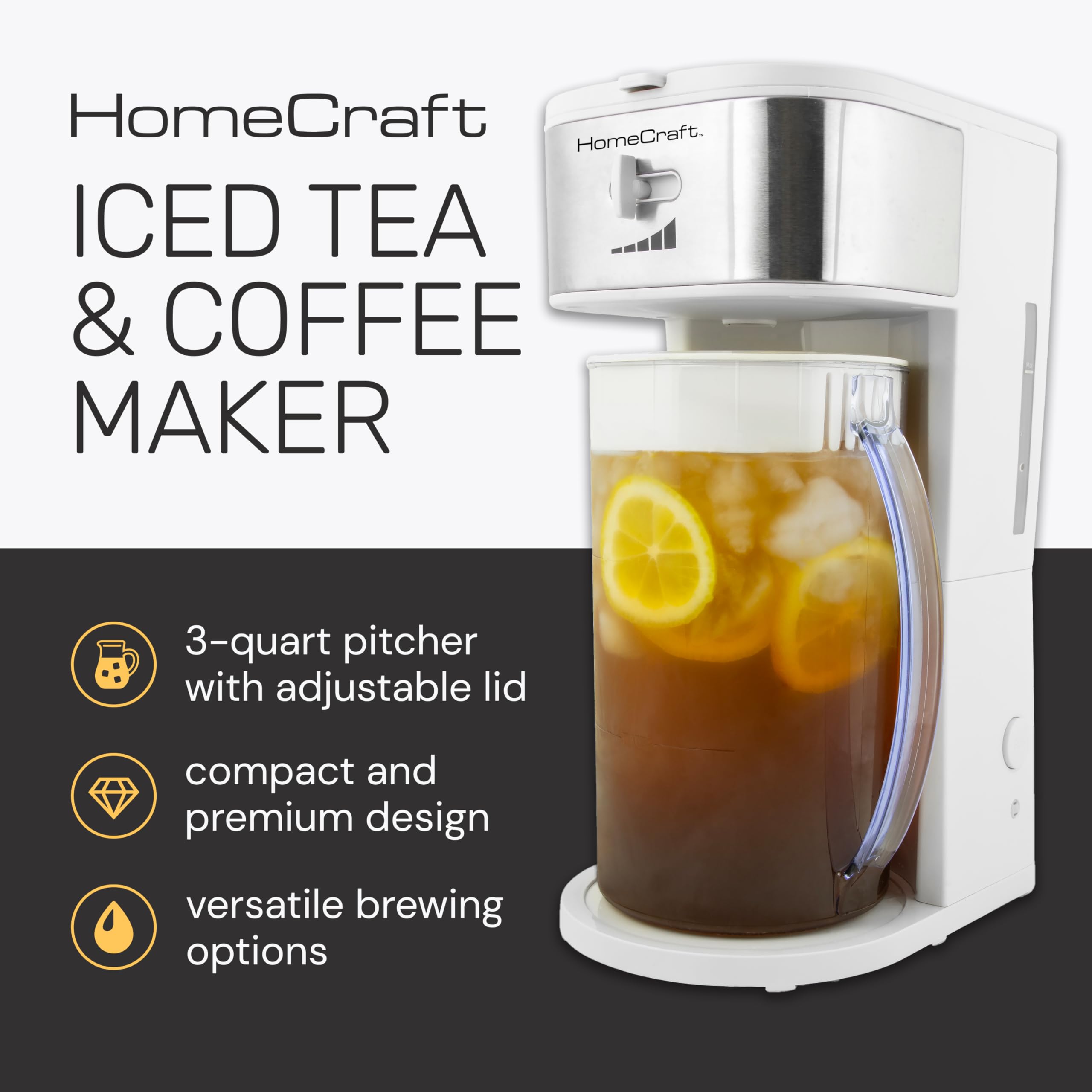 Homecraft 3-Quart White Stainless Steel Caf  ' Iced Tea And Iced Coffee Brewing System, 12 Cups, Strength Selector & Infuser Cha