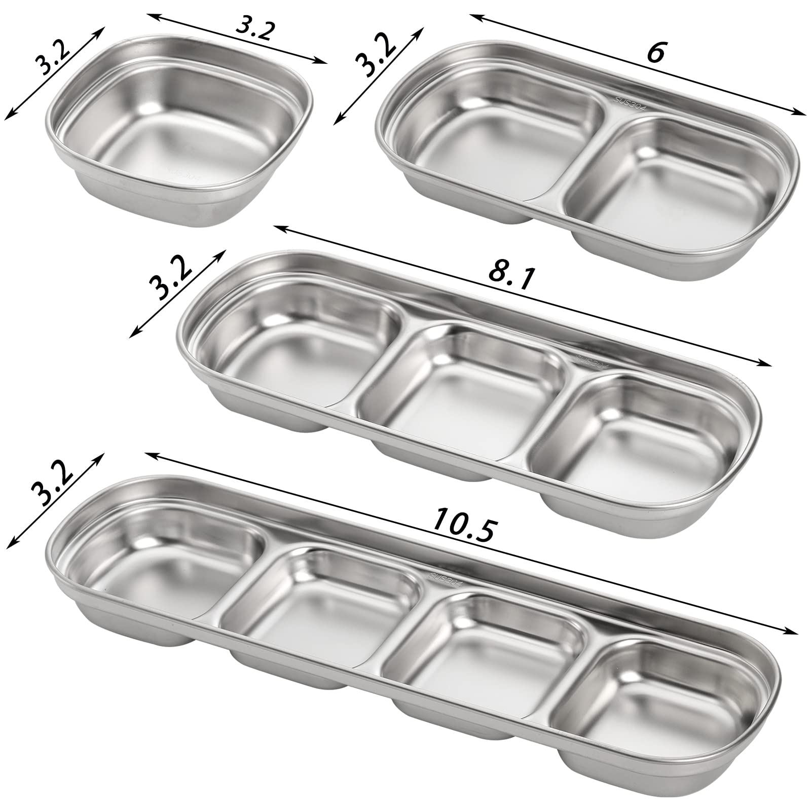 Soujoy 4 Pcs Stainless Steel Sauce Dish, Divided Seasoning Sauce Dip Bowl, 1/2/3/4 Compartment Korean Ketchup Sauce Bowl, Vinega