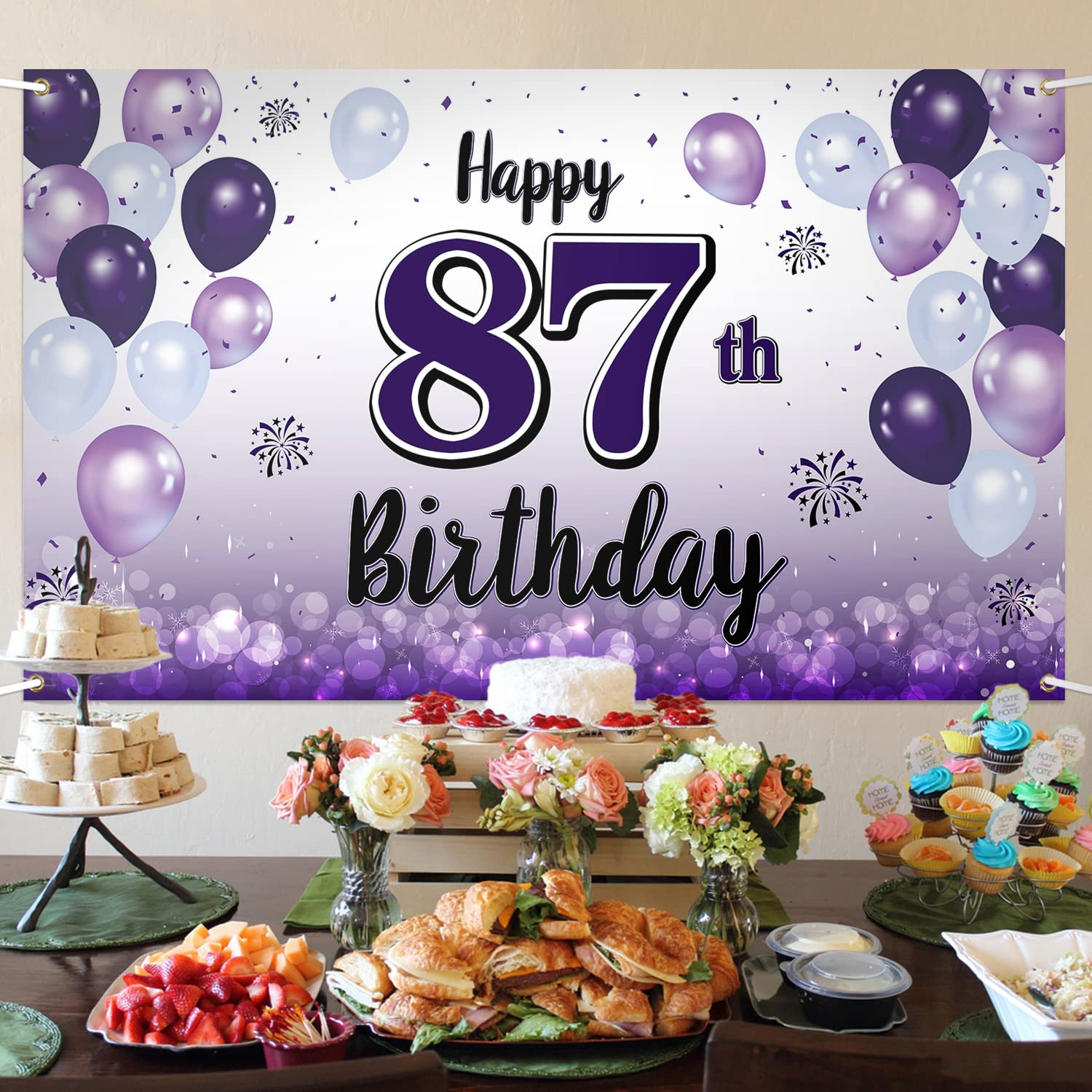 Laskyer Happy 87Th Birthday Decorations,87Th Purple Balloon Large Birthday Banner Backdrop Sign,87 Years Old Bday Party Supplies