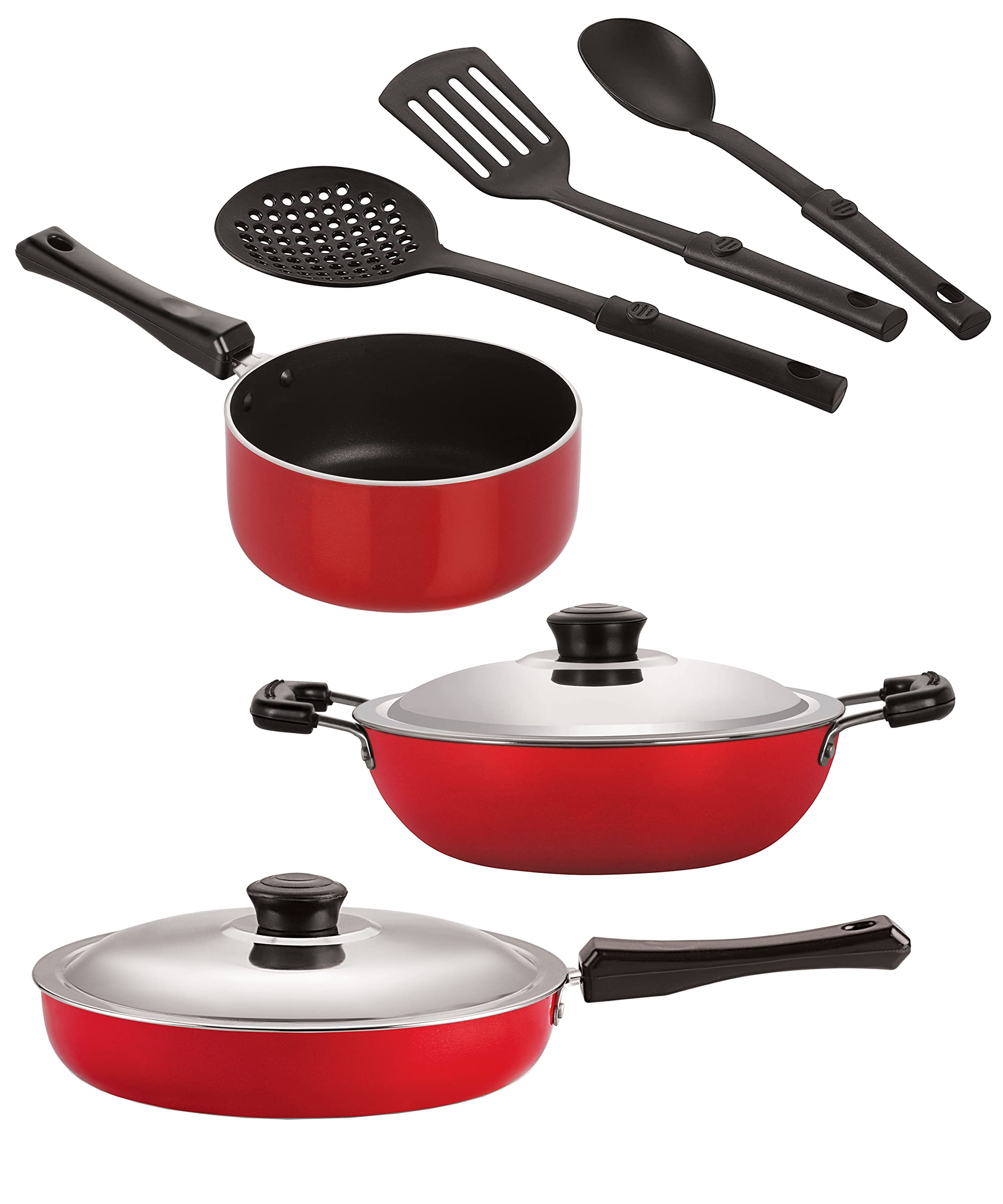 Nirlon Aluminium Nonstick Coated 6 Pcs Set Of Deep Kadhai22Cm,Sauce Pan18Cm,Fry Pan24Cm & 3 Spoon (2.6Mm_Dkd(M)_Sp(B)_Fp12_3S