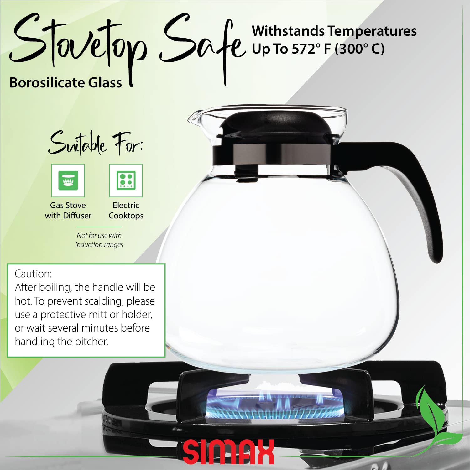 Simax Glassware 2.5 Quart Glass Teapot | Short Spout, Stay Cool Plastic Handle And Lid, Stovetop And Dishwasher Safe, Heat, Cold