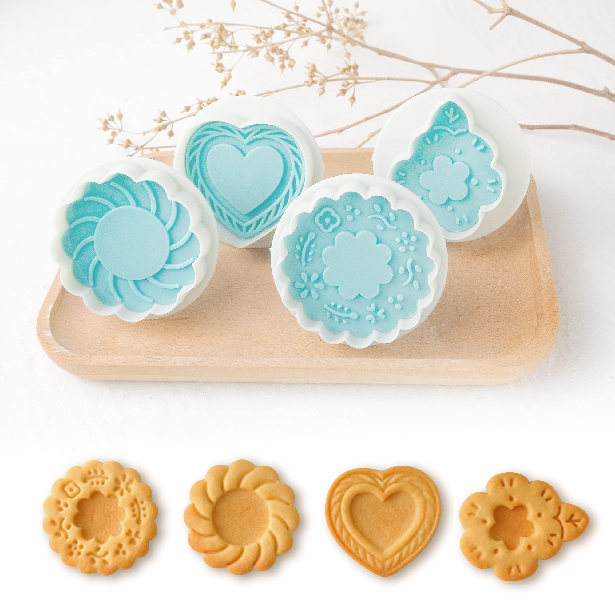 Cookie Stamps Set Of 4, Cookie Press Mold, Decorating Supplies For Diy Baking, Cake, Pastry, Easy To Use-Flower Heart