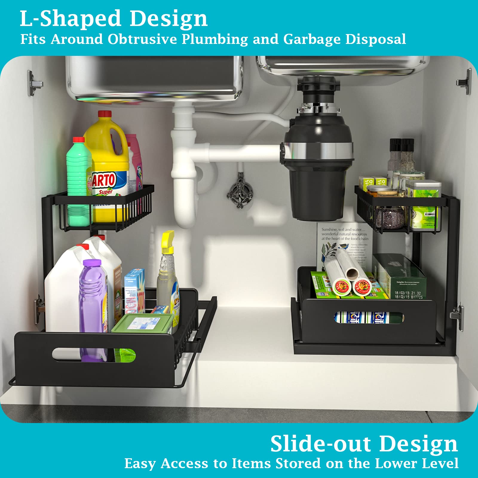 Realinn Under Sink Organizer, Pull Out Cabinet Organizer 2 Tier Slide Out Sink Shelf Cabinet Storage Shelves, Under Sink Storage