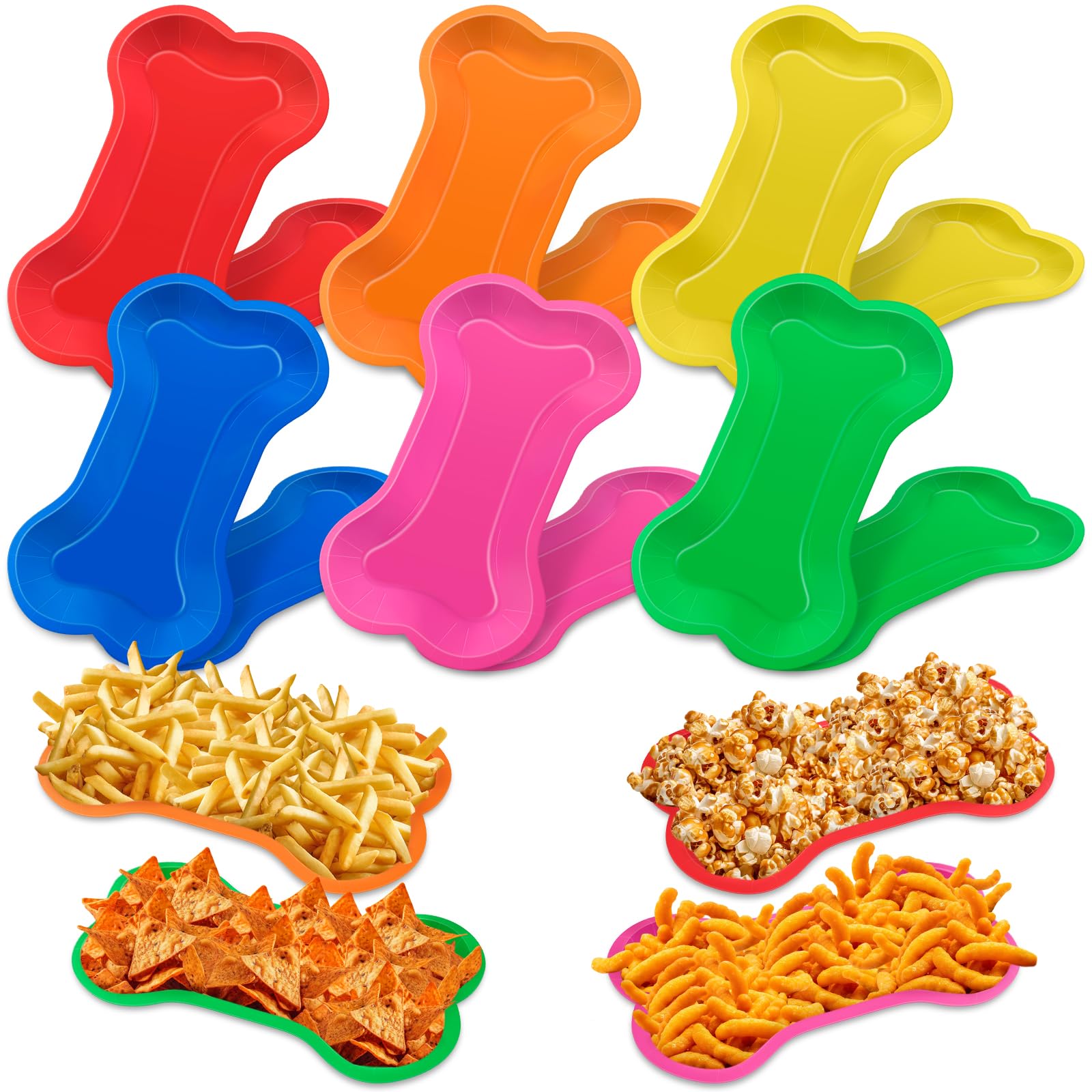 Dog Bone Party Serving Trays 11x6.7x1.2 Inch Colorful Bone Shape Paper Plates Funny Disposable Snack Trays for Burger Fries Birt