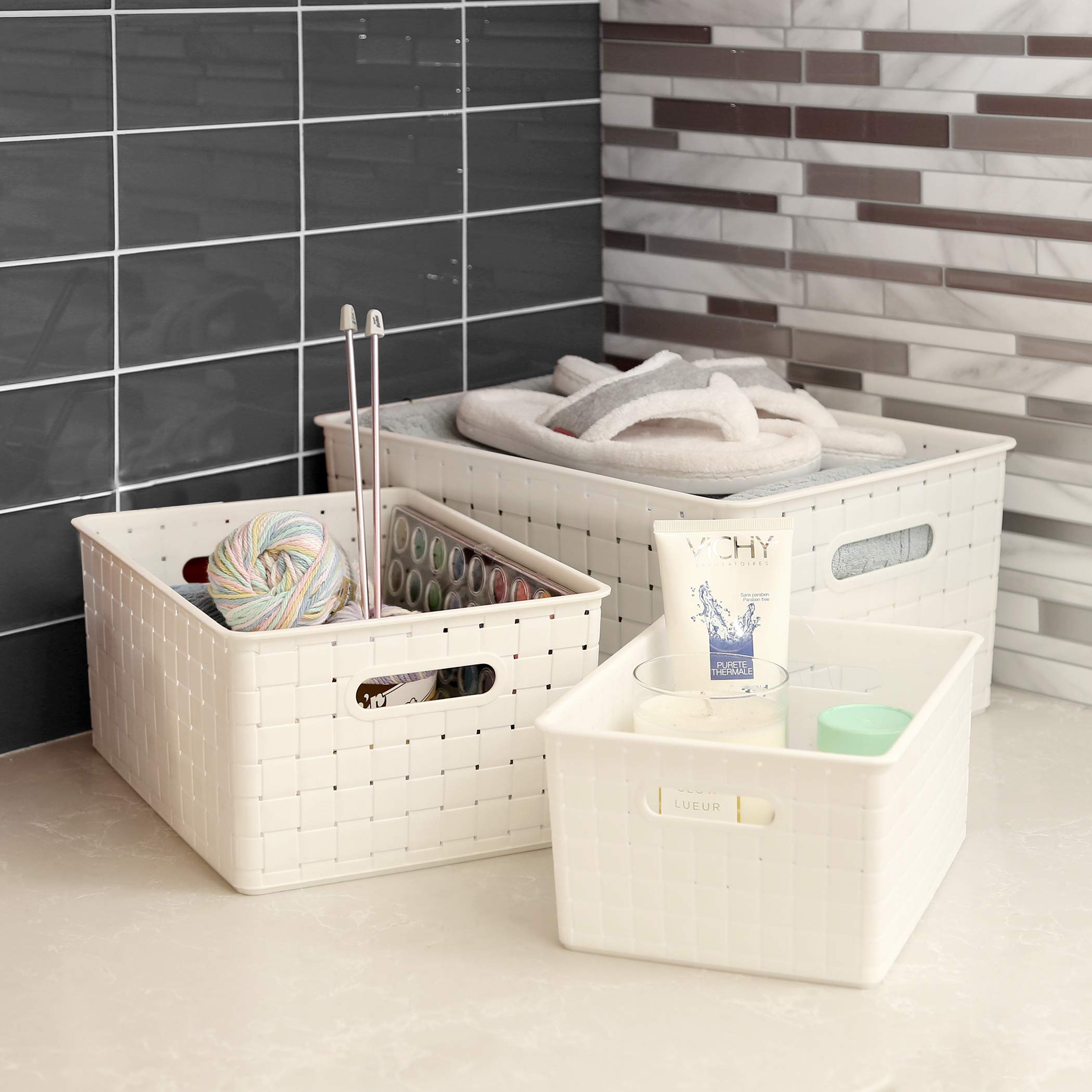 Bino | Plastic Basket, Large - White | 3 Pack | The Stable Collection | Multi-Use Storage Basket | Rectangular Cabinet Organizer