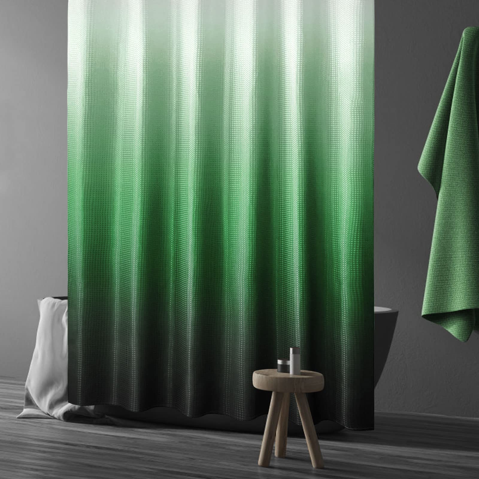 Gibelle Emerald Green Shower Curtain  Ombre Shower Curtains for Bathroom  Waffle Weave Textured Fabric Shower Curtain Set with Hooks  Water Repellent and Machine Washable  72 x 72
