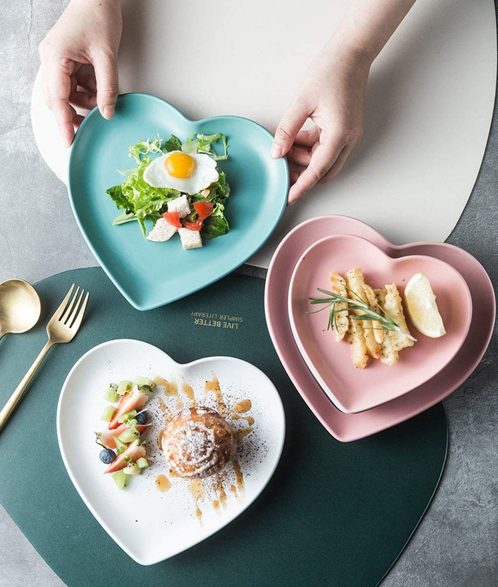 Fuyu 2Pcs Colorful Matte Heart Shaped Ceramic Dinner Plate Salad Plate Dessert Plate Steak Plate