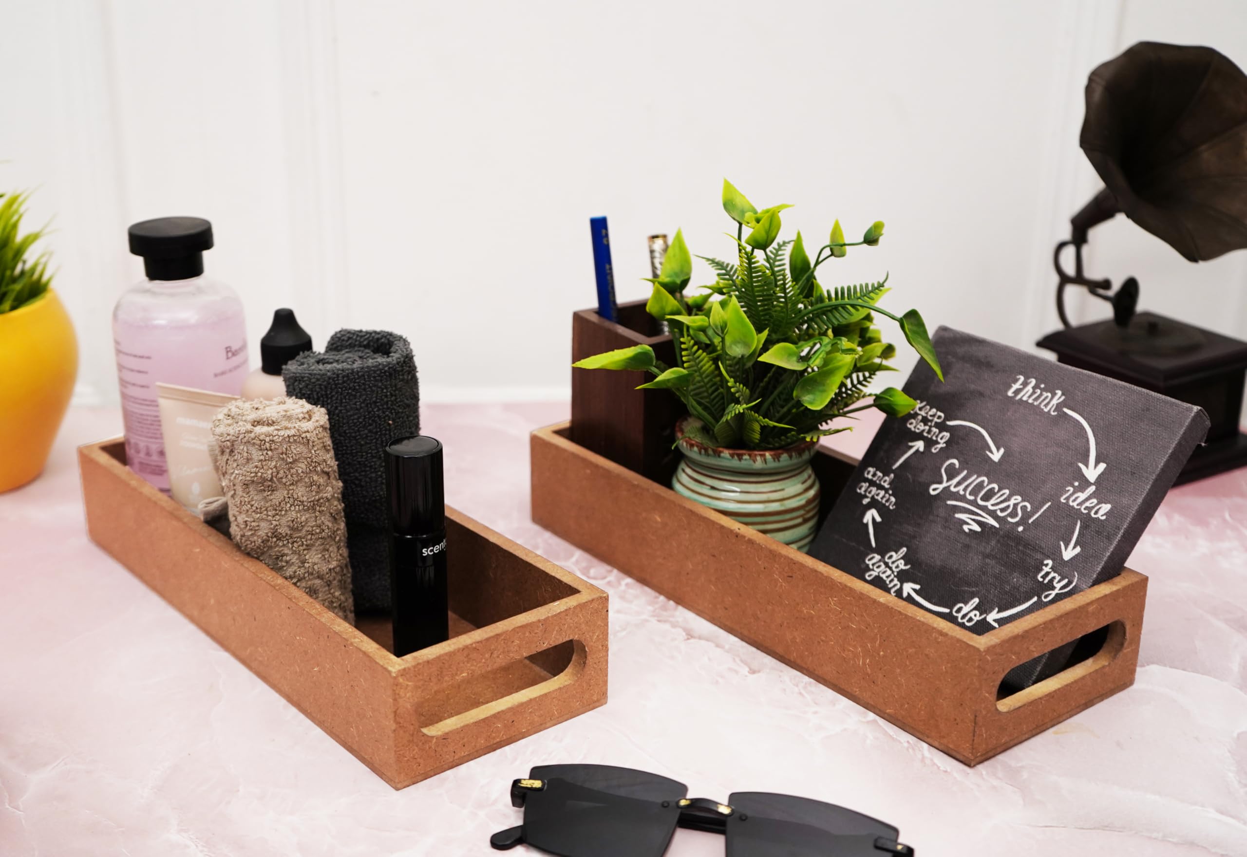 Trayfi Mdf Wooden Serving Tray, Natural Brown, Rectangular, Set Of 2, Multipurpose For Breakfast, Tea Serving, Storage And Table