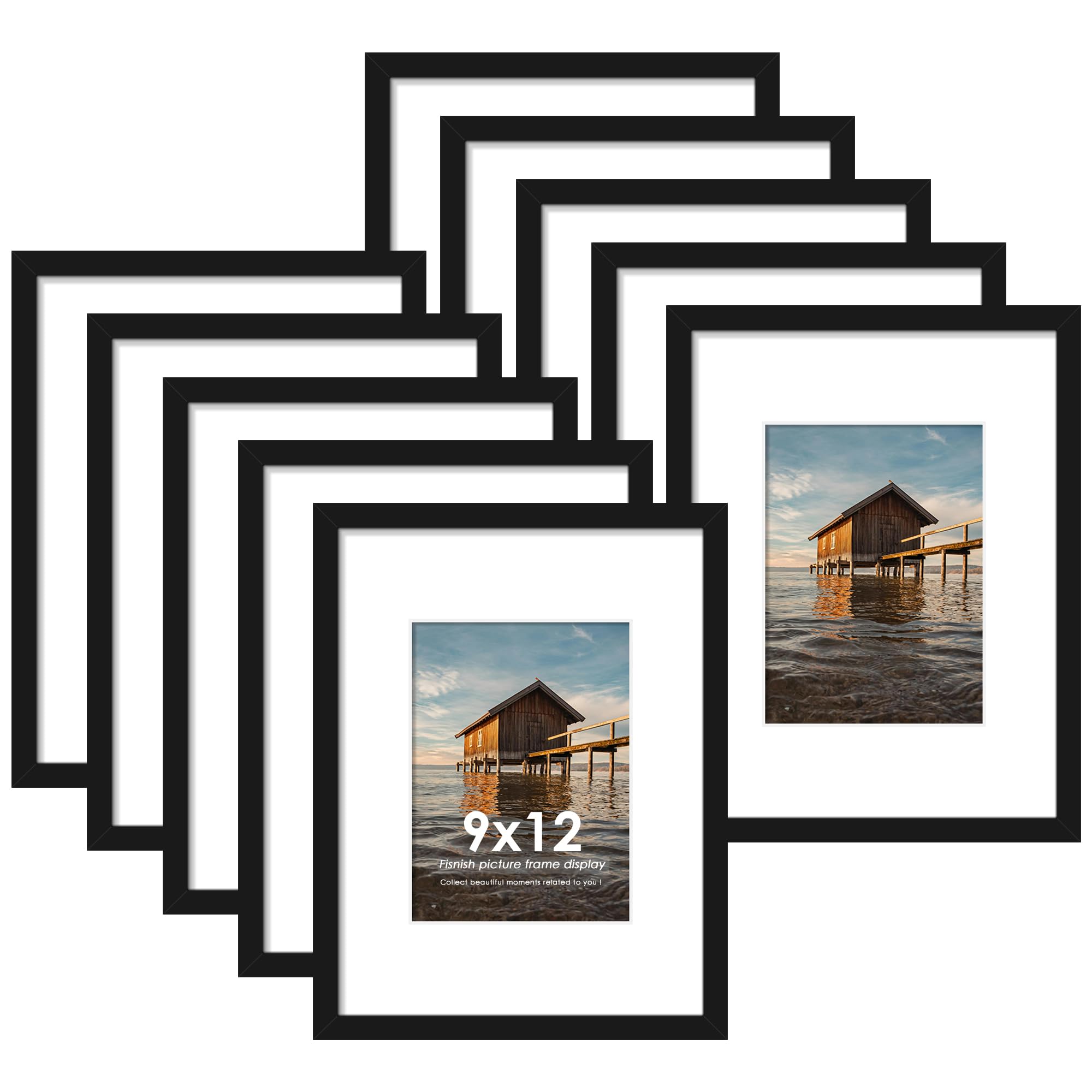 Fisnish 9x12 Picture Frame Sef of 10, Display Pictures 6x8 with Mat or 9 x 12 Without Mat, Photo Frame Collage for Wall Gallery 