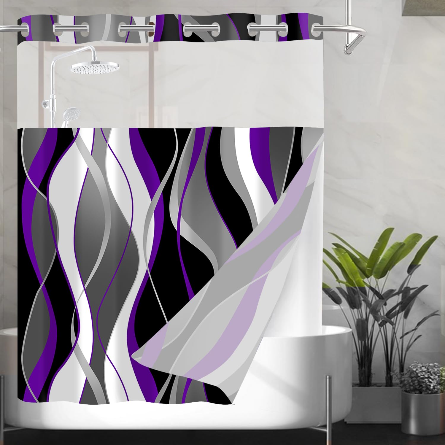 Nkzply No Hook Shower Curtain And Liner Set Purple Striped Shower Curtain With Snap In Liner Fabric Shower Curtain With Liner Mo